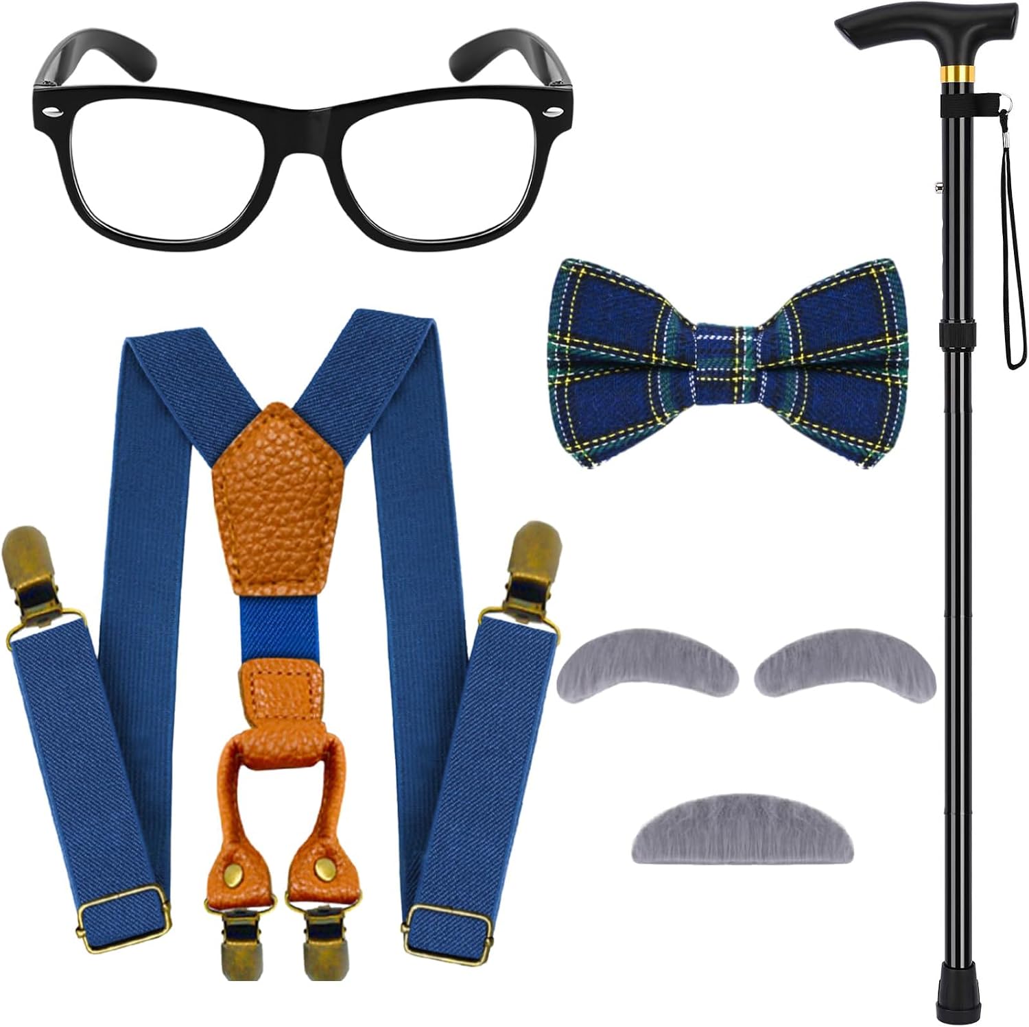 100 Days of School Old Man Costume for Boys Include Glasses Suspenders Bow Tie Crutch Mustache for Grandpa Dress Up