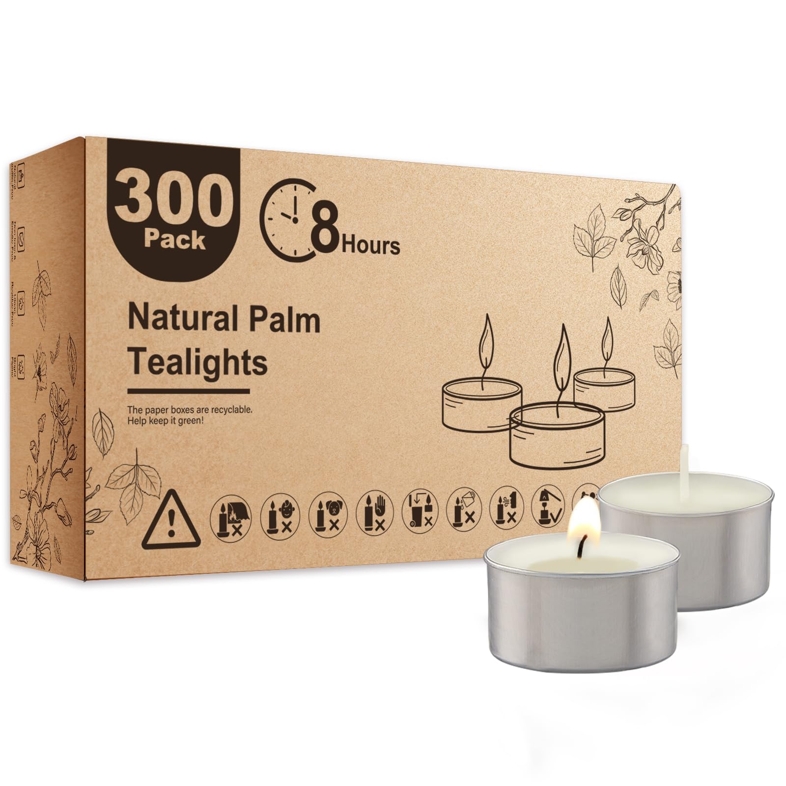 Unscented Palm Tea Lights Candles 300 Pack Bulk, 8 to 9 Hours Long Burning White Tea Lights,Non-Paraffin, Smokeless, Mini Tealight Candles for Wedding, Table Centerpiece, Party, Power Outages