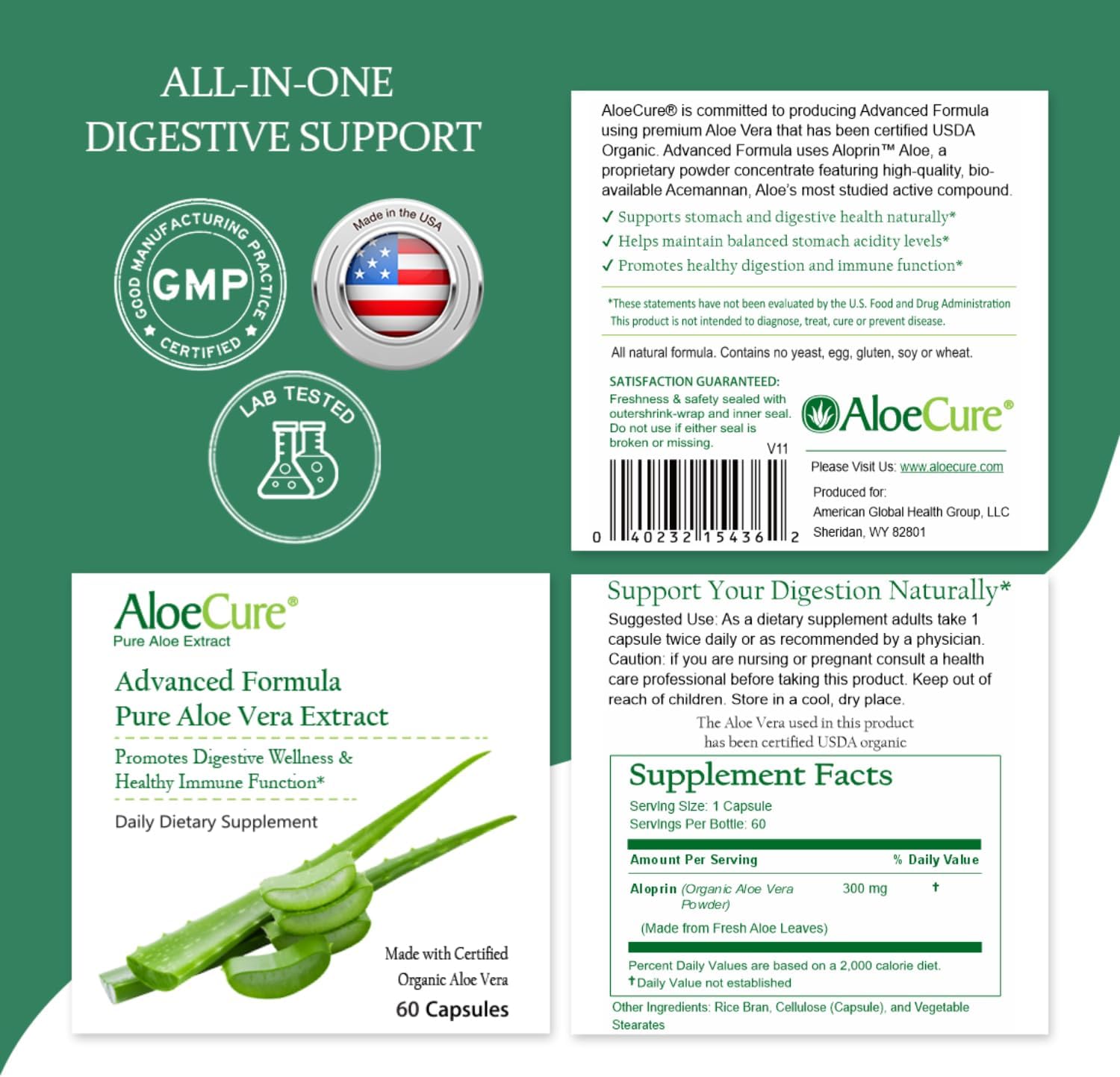 Aloe Vera Capsules for Gut Health & Digestive Comfort 60ct x 12btl | Vegan, non-GMO inner leaf extract, made with organic aloe vera. Aloin Free stomach acid buffer that supports Digestive Health
