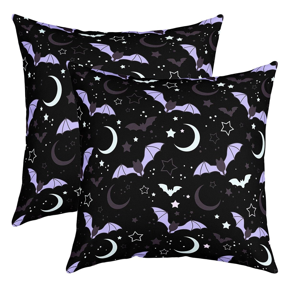 Richhome Multi 12 Halloween Decor Bats Throw Pillow Covers,Purple And Black Wild Bats Cushion Covers 22"X22" For Car Rv Camper Office,Hand Draw Galaxy Shiny Moon Stars Pillowcases Outdoor Pillow Covers Set Of 2