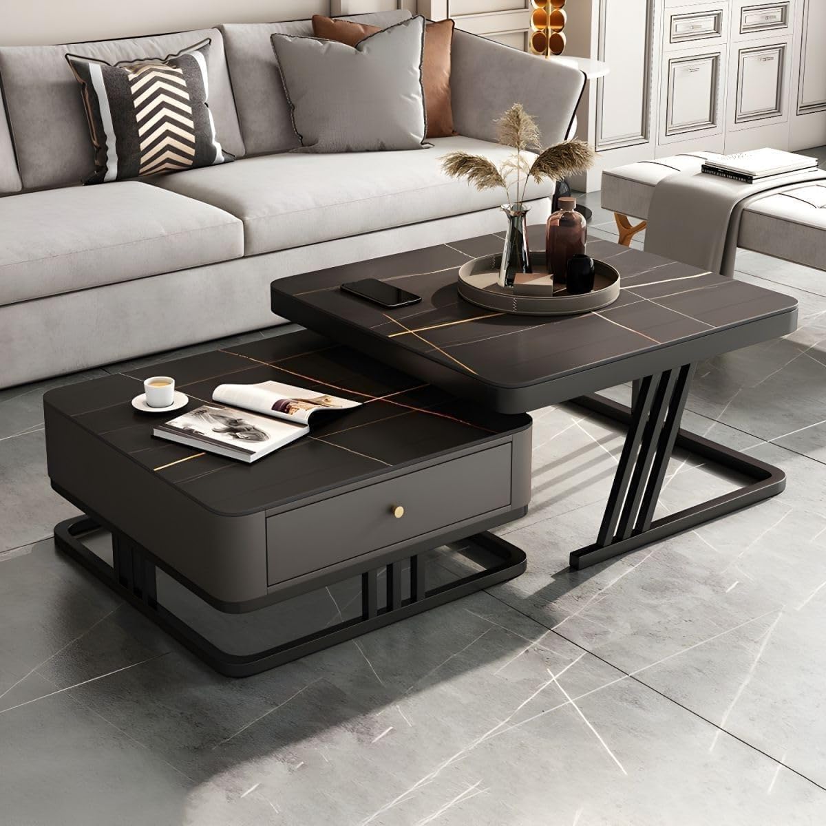 WuHouze Two Square Stacking Nesting Coffee Tables with Metal Frames, Wooden Tops, and Handcrafted Drawers Make up This Contemporary Centre Couch Table for Living Rooms bedrooms, & Apartments (Black)-image-36