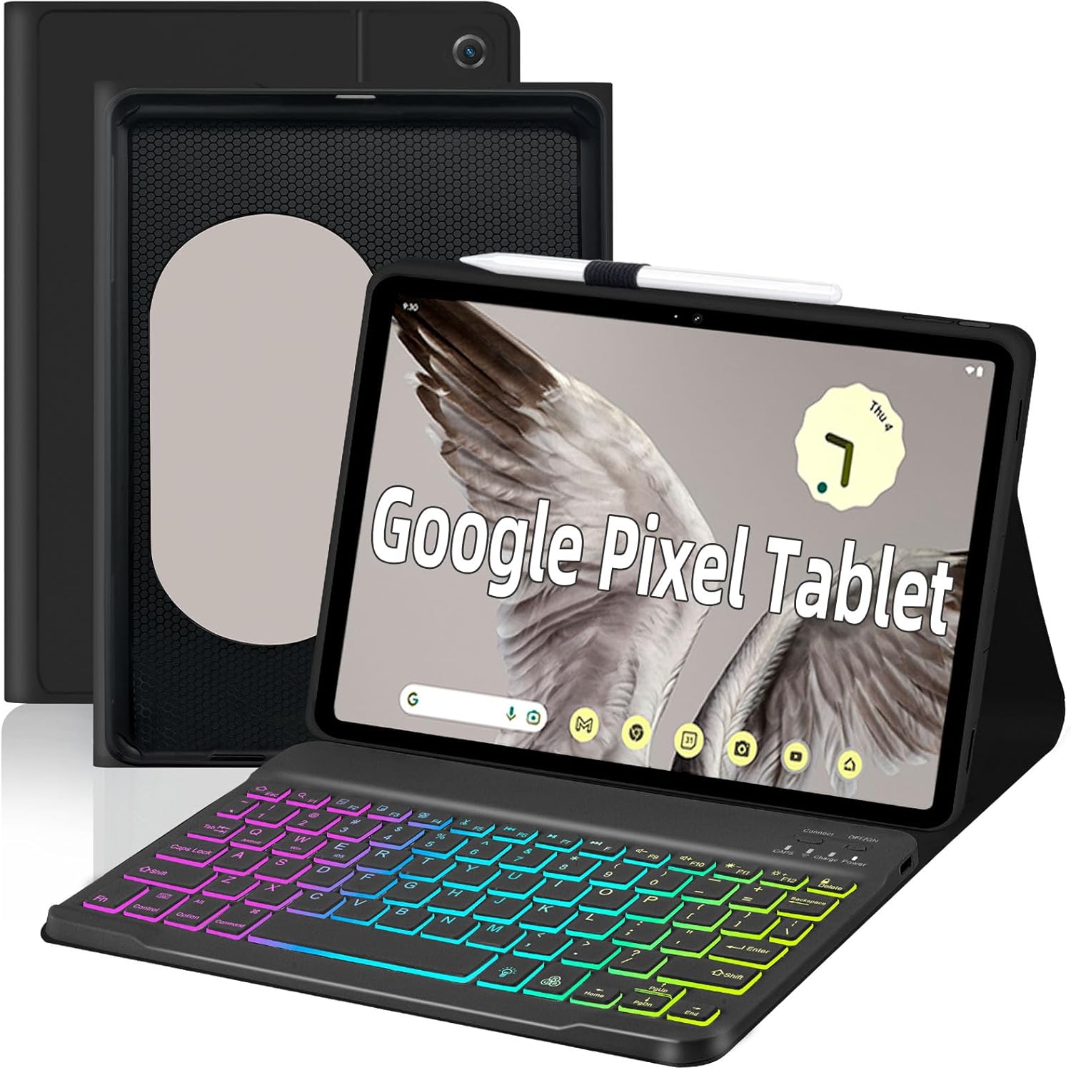 Case with Keyboard for Google Pixel Tablet 11 inch 2023 Release,7 Color Rainbow Backlit Detachable Type-C Charging Keyboard Magnetic Cover with Pencil Holder-Black