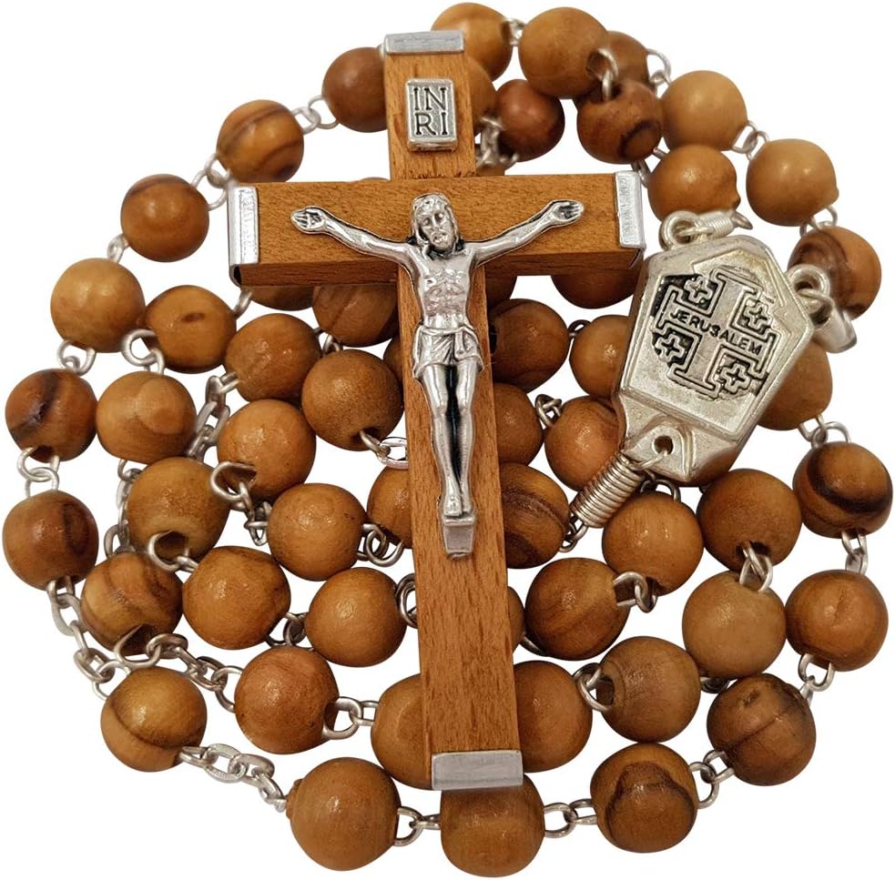 TALISMAN4U Olive Wood Rosary Beads Catholic Necklace with Jordan River Holy Water Medal Jerusalem Cross Crucifix Religious Gift - Image 4