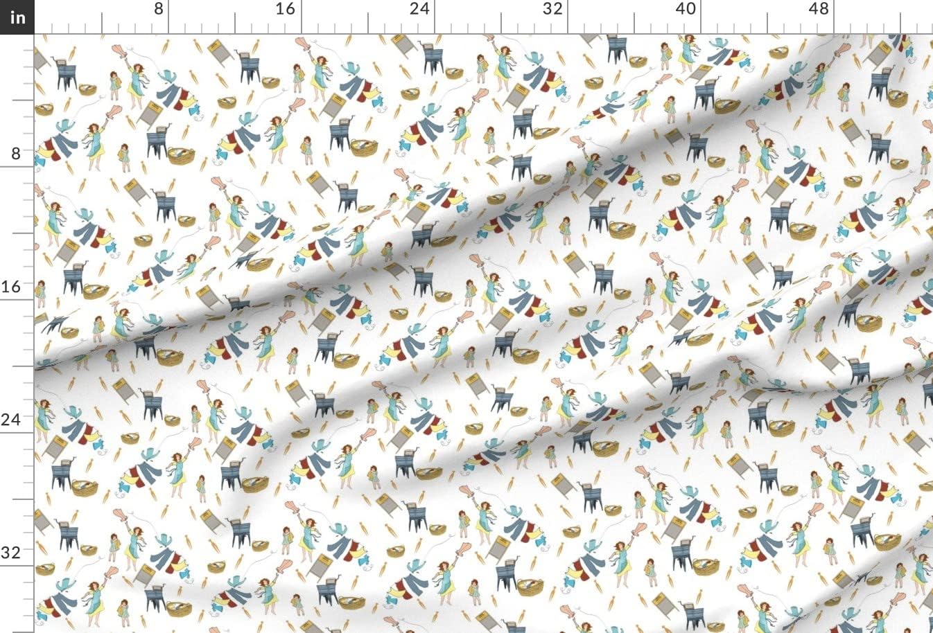 Spoonflower Fabric - Laundry Day Room Vintage Mom Nursery Kitchen Mother Child White Blue Printed on Minky Fabric by The Yard - Sewing Baby Blankets Quilt Backing Plush