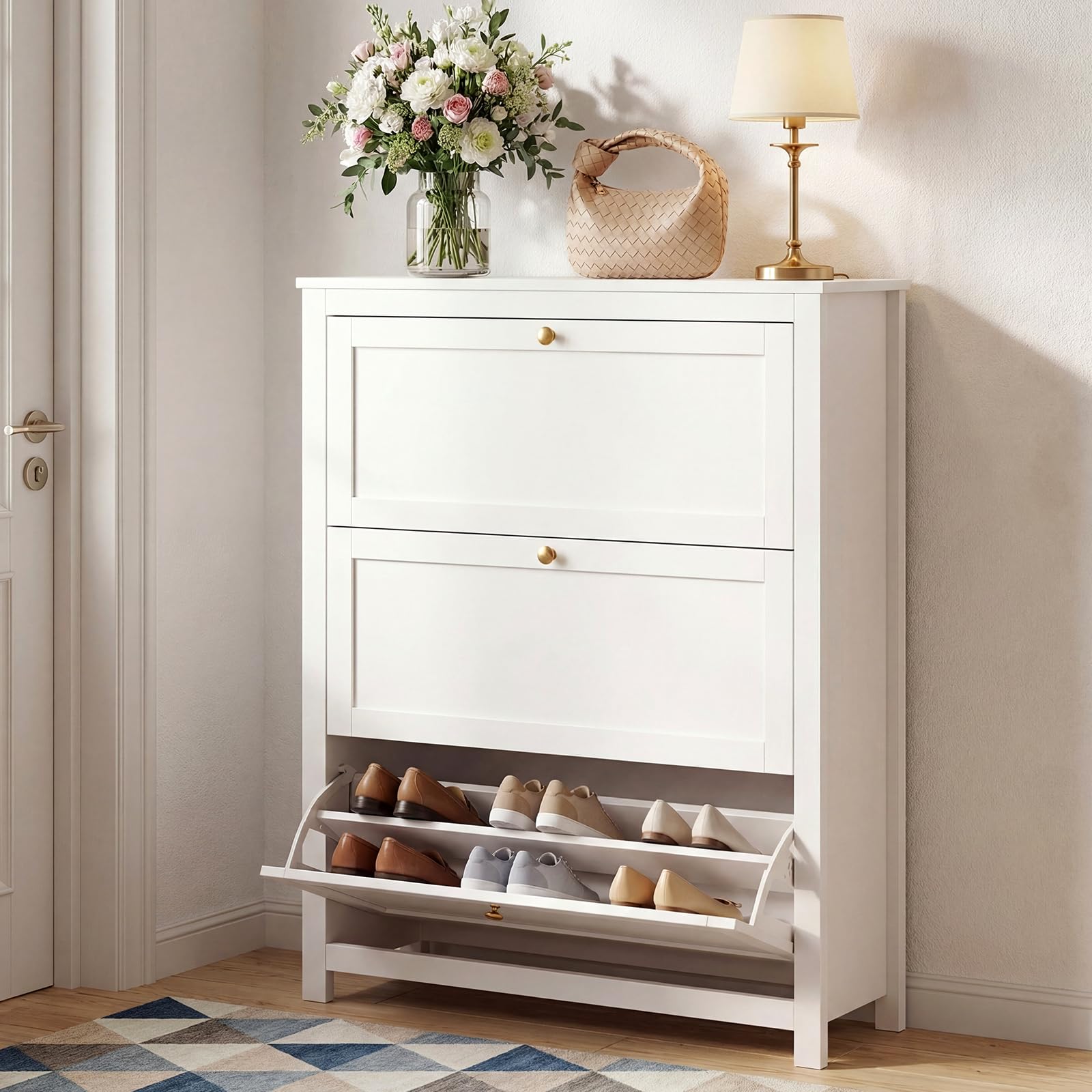 VOWNER 90cm Largo Zapatero 3 Puertas, Mueble Zapatero Estrecho Blanco, Zapatero Estrecho Entrada Recibidor, Blanco, Madera, para Entrada Estrecha, Pasillo, 90 x 30 x 110 cm,