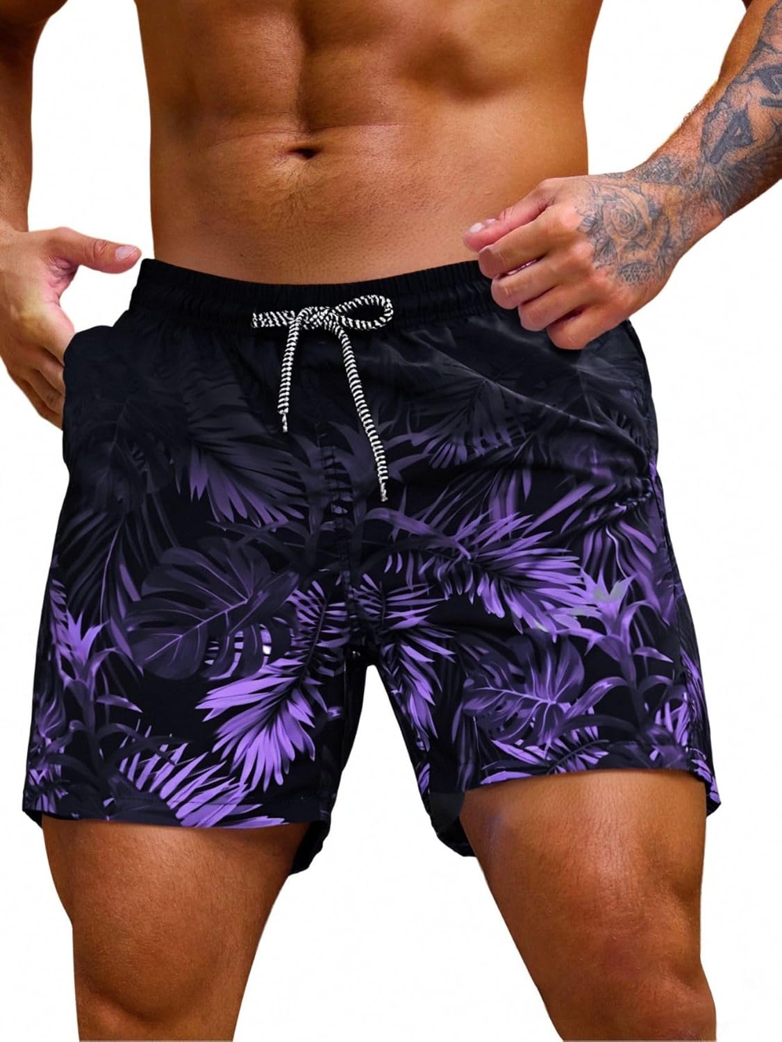 Verdusa Men's Tropical Print Drawstring Waist Swim Trunks Beach Shorts Black Purple Large