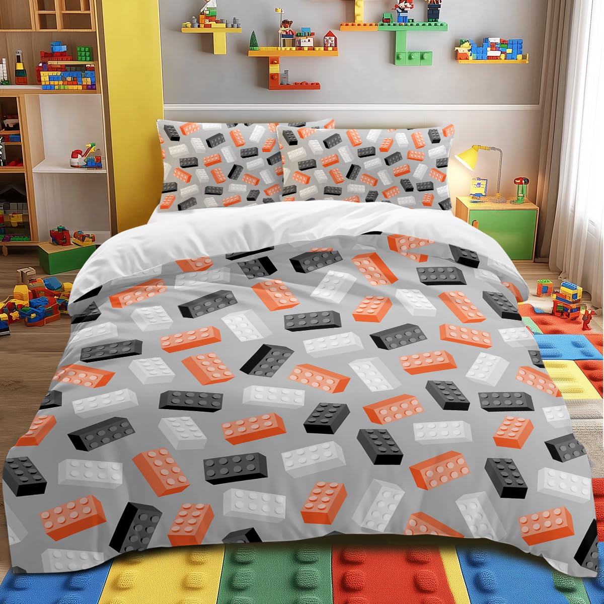 Blessliving Boys Super King Size Bedding Set Toy Building Bricks Pattern Duvet Cover Set 3 Piece Black Grey Orange Plastic Construction Comforter Cover Set for Teens Kids Boys Girls (Super King) โ image 1