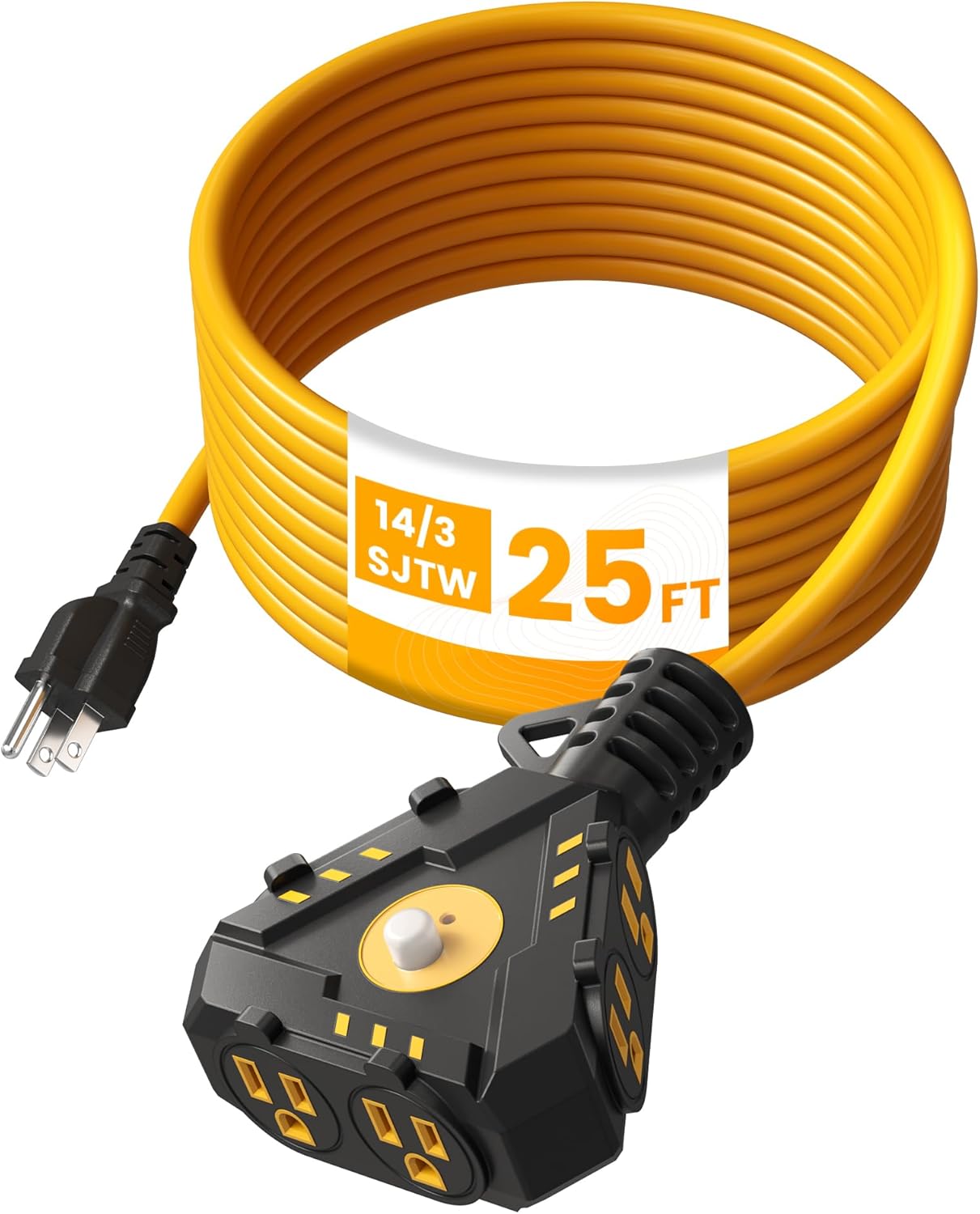 SURAIELEC Industrial Power Strip with Multiple Outlets, 6-Outlet Power Hub, 25FT 14/3 SJTW Heavy-Duty Extension Cord, 15A Circuit Breaker, ETL Listed, for Garage, Workshop, and Outdoor Lights, Yellow