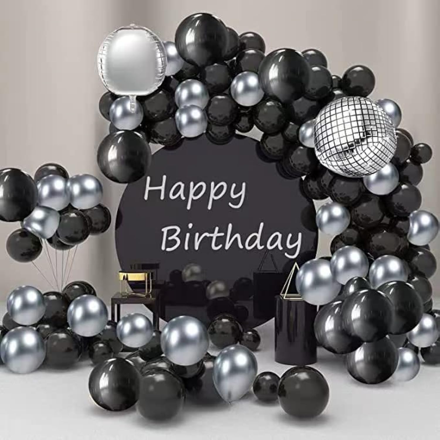 MISTHO Black Silver Balloon Garland Arch Kit, Black Silver Metallic Balloons 4D Disco Foil Balloons for Wedding Baby Shower Engagement Birthday Disco Dance Picnic Party Decorations