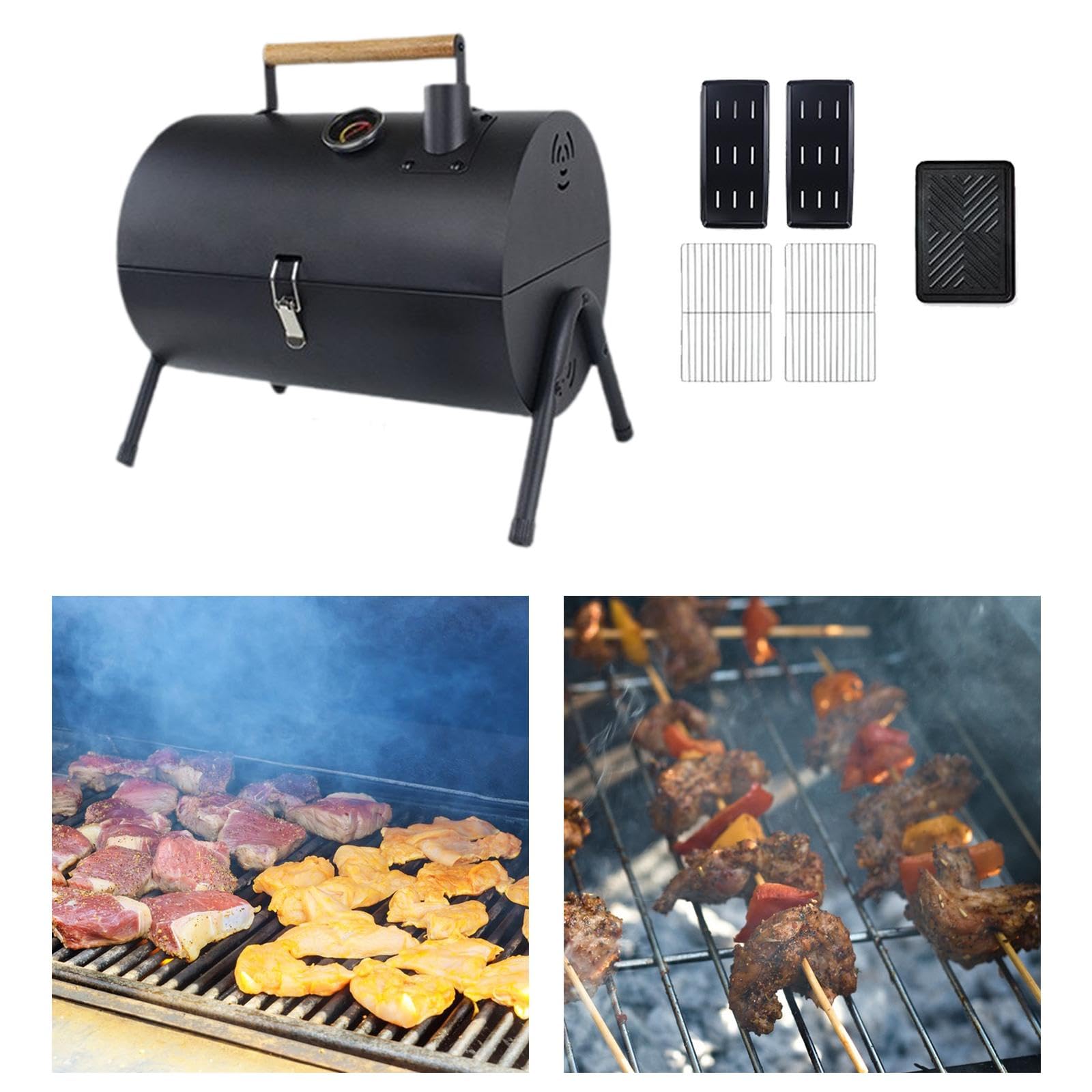Grill Portátil de Carbón para Barbacoa Parrilla de Mesa Integrada Herramienta Multifuncional de Cocina Y Picnic Soporte Compacto con Red, Negro