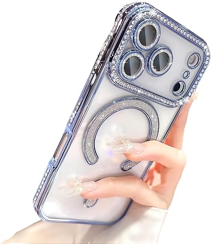 Miniatura 10 de Funda magnética con purpurina para iPhone 15 Plus [compatible con MagSafe] protector de lente de cámara con diamantes de imitación brillantes,