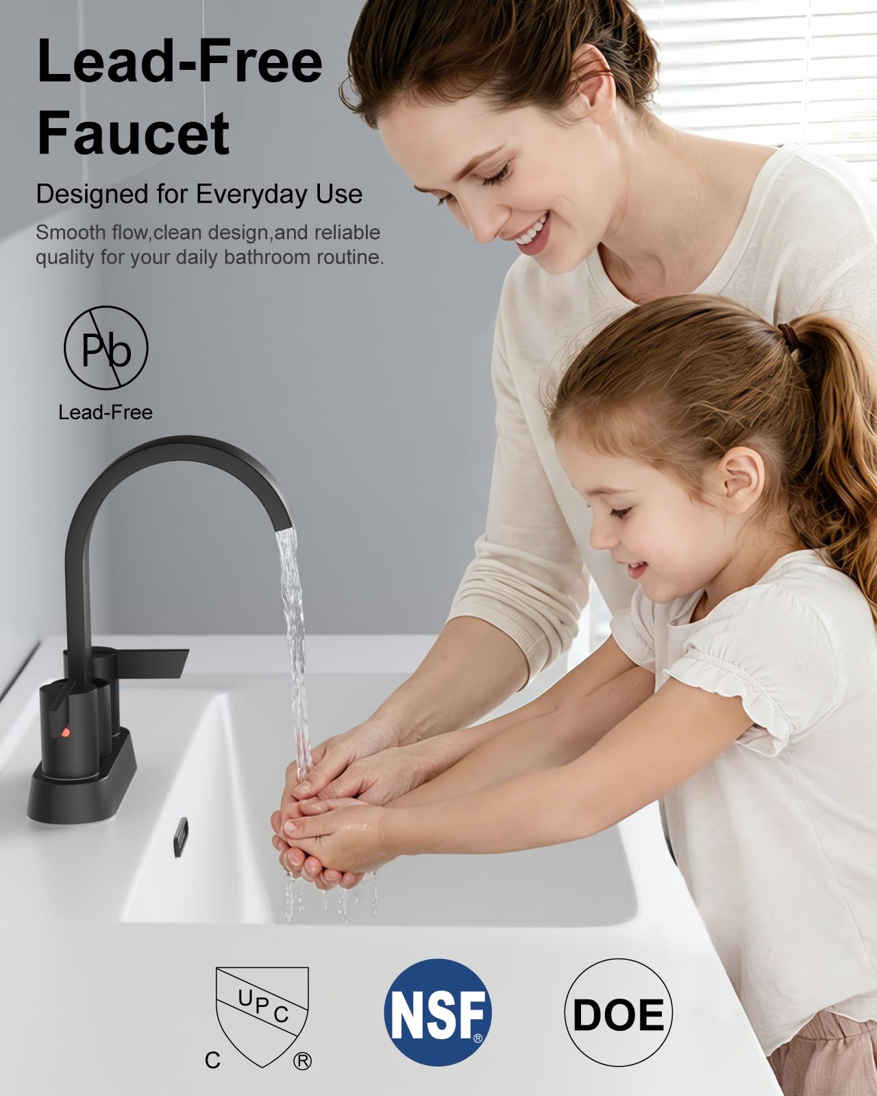 Aolemi Rubinetti da bagno per lavello a 3 fori, rubinetto a cascata centrale da 10 cm, 2 maniglie per lavabo da bagno con scarico pop-up e linee di alimentazione, nero opaco