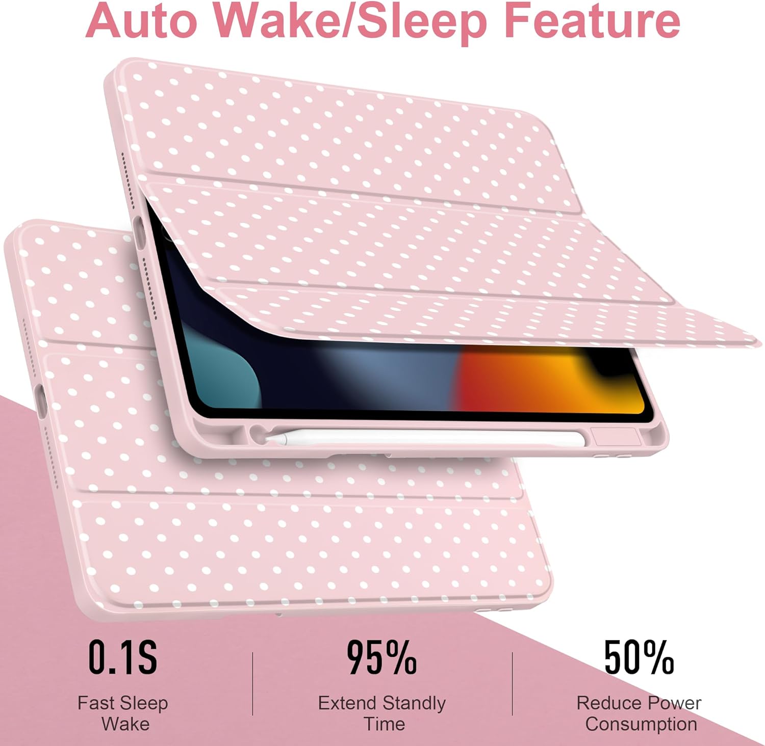 for iPad 9th 8th 7th Generation 10.2 Inch 2021 2020 2019 Case -[Built-in Pencil Holder], Shockproof Clear Hard Back, Slim Trifold Stand, Auto Wake/Sleep, for Girls teen Women, Pink white dot