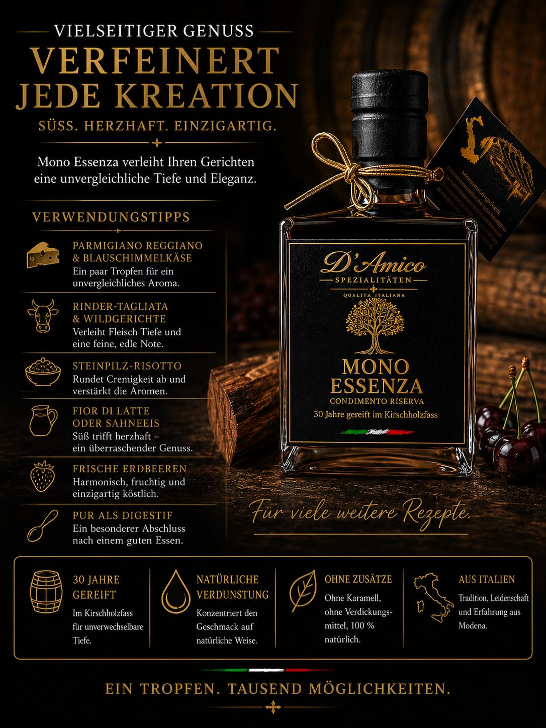 D'Amico Mono Essenza Condimento Riserva – 100 ml | 30 Jahre im Kirschholzfass gereift, Außergewöhnliche Dichte durch natürliche Reifung