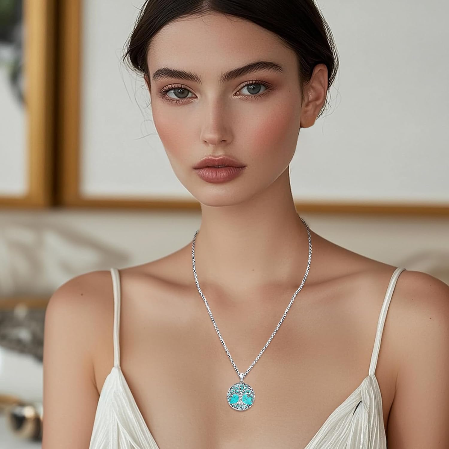 Turquoise Tree of Life Necklace for Women S925 Sterling Silver Turquoise Jewelry/Moon/Pentagram/Witch Knot/Lilith/Family Tree Pendant Anniversary Birthday Gift for Women