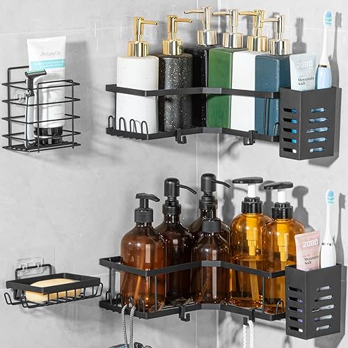 BukSuk Organizador de ducha esquinero, paquete de 4 organizadores de ducha adhesivos, organizador de ducha con soporte para pasta de dientes,