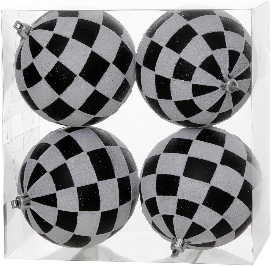 Vickerman 4" Black-White Check Glitter Ball Ornament 4 per Box