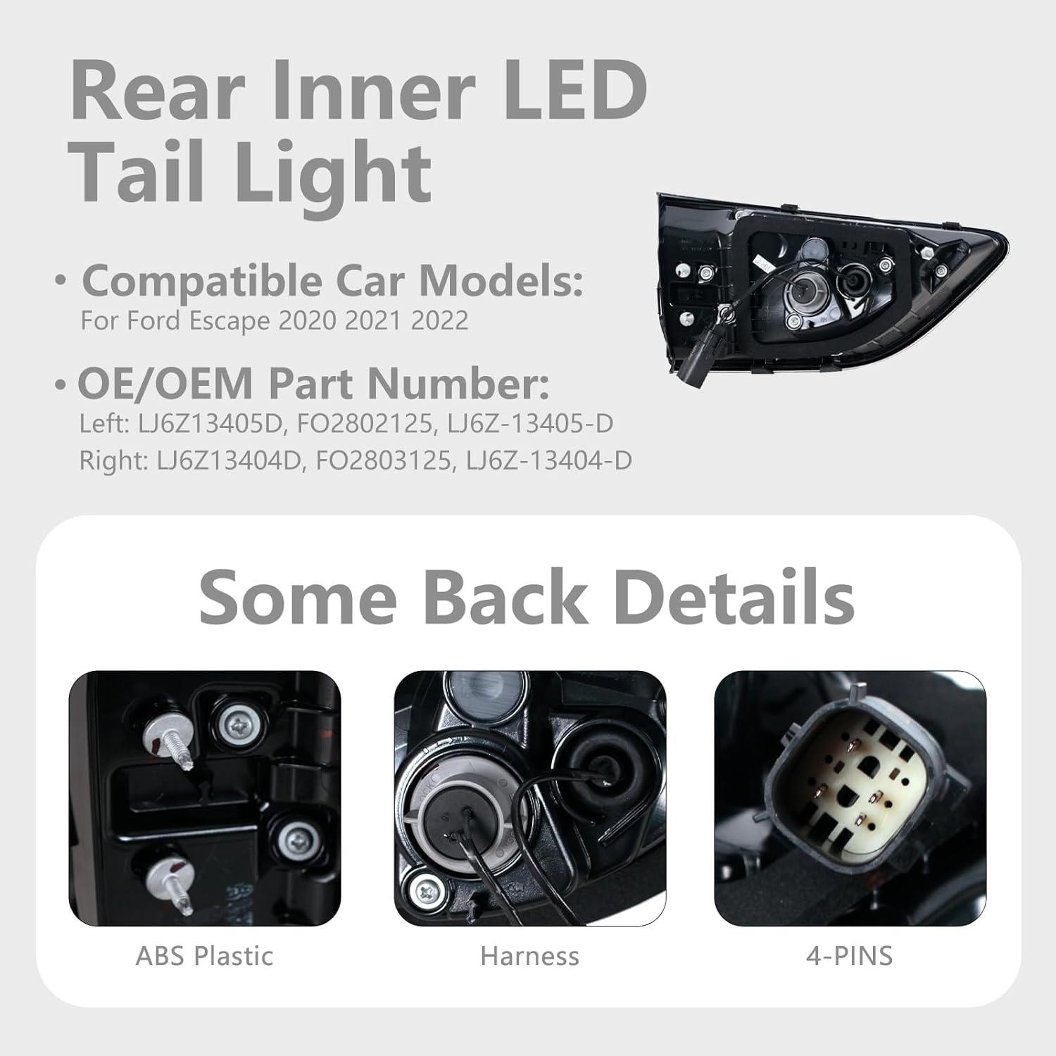 Tail Light For Ford Escape 2020-2022 Rear Brake Turn Signal Lamp 4-PIN LJ6Z-13404-D Inner Right