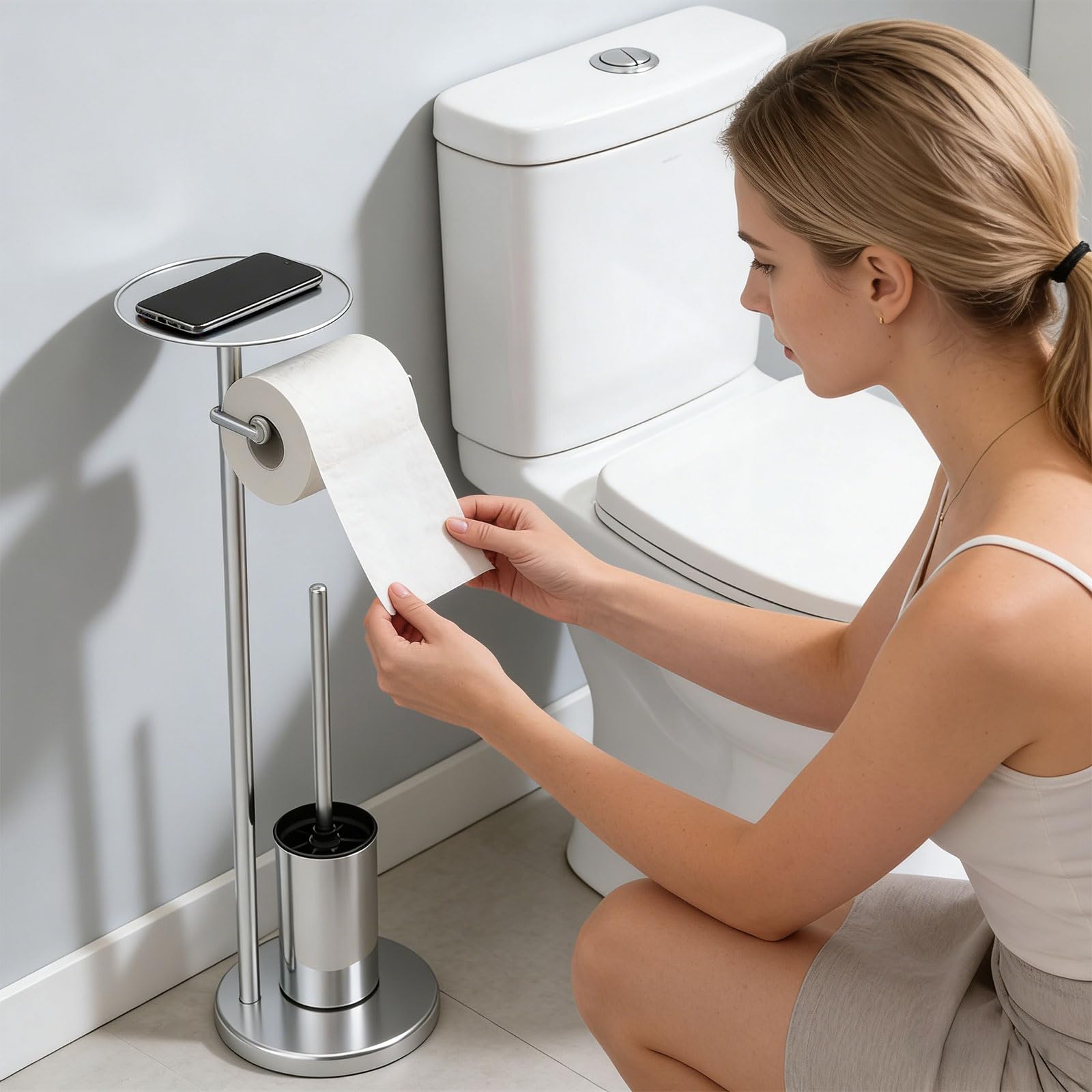 Portarrollos de higiénico de Acero Inoxidable con Barra de Almacenamiento Adicional y Herramienta de Limpieza incorporada para hogares Modernos Estante de higiénico Resistente