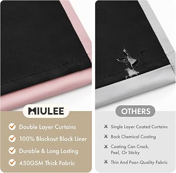 MIULEE Light Pink 100% Blackout Curtains for Girls Bedroom 63 Inch Long, 2 Thick Layers Thermal Insulated Black Out Window Curtains with Black Liner, Noise Reducing Living Room Drapes 2 Panels
