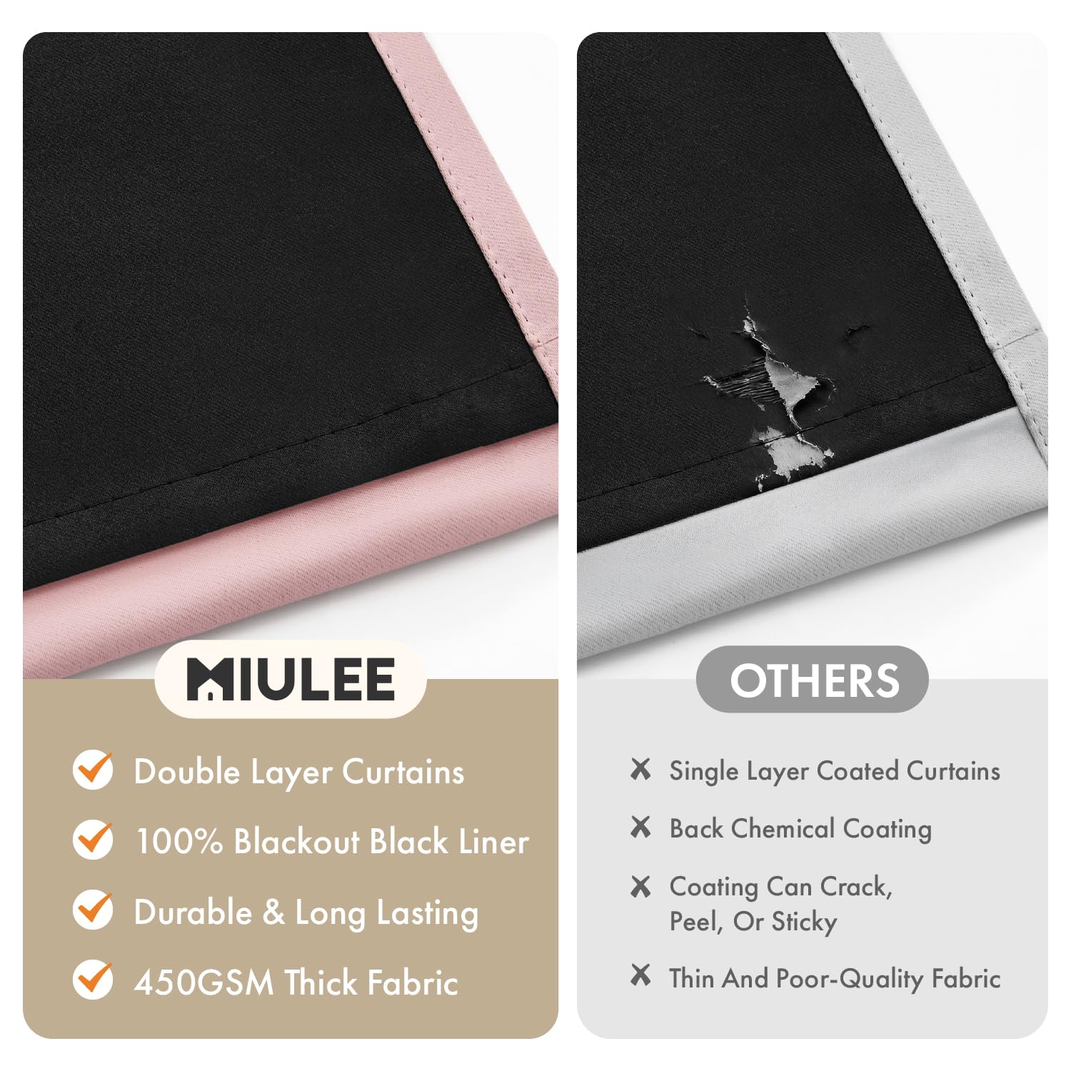 MIULEE Baby Pink 100% Blackout Curtains for Girls Bedroom 63 Inch Long, 2 Thick Layers Thermal Insulated Nursery Black Out Window Curtains with Black Liner, Noise Reducing Living Room Drapes 2 Panels - 5