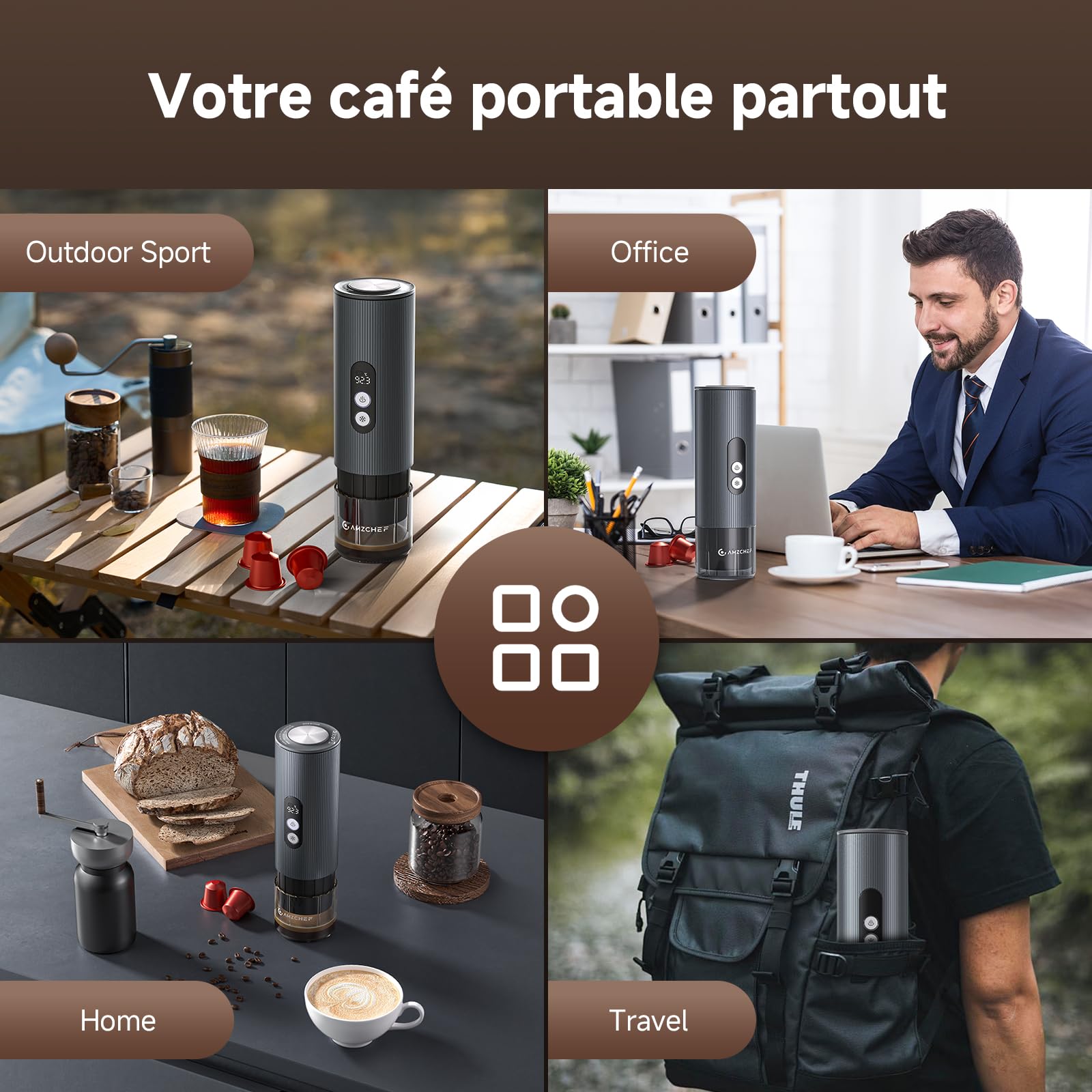 AMZCHEF Machine à Café Espresso Portable de Voyage avec Batterie – 20 Bars, Chauffage Rapide USB-C – Compatible avec Capsules & Café Moulu – Cafetiere Portable pour Camping/Bureau,Aluminium