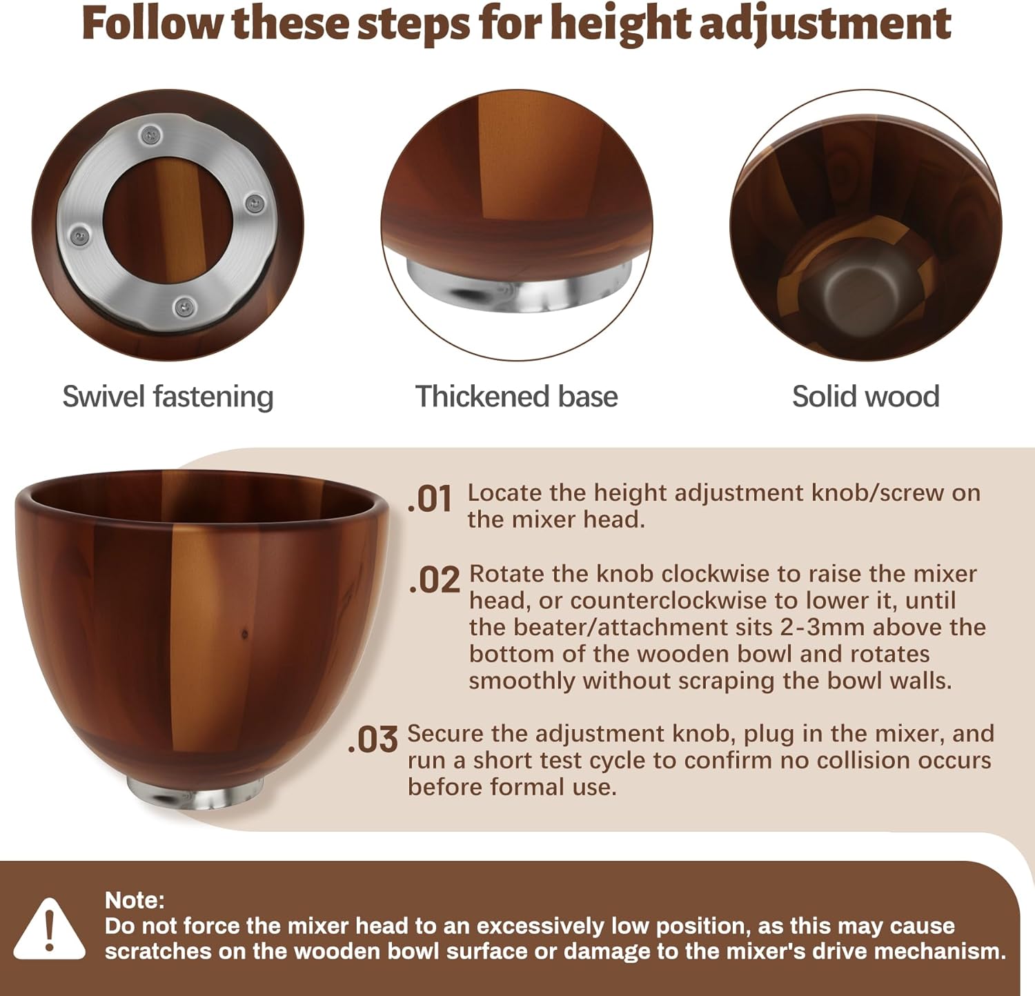 Premium Wood Mixing Bowl, Natural True Wooden Bowls Compatible with KitchenAid 4.5 & 5 QT Tilt-Head Models, Wooden Bowl for Mixer with Stainless Steel Locking Base, 5QT