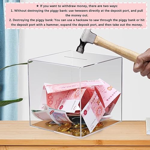 Miniatura 6 de LXBAMKEA Alcancía cajas de dinero para niños tarro cuadrado de acrílico transparente para ahorrar dinero para niños y adultos monedas billetes