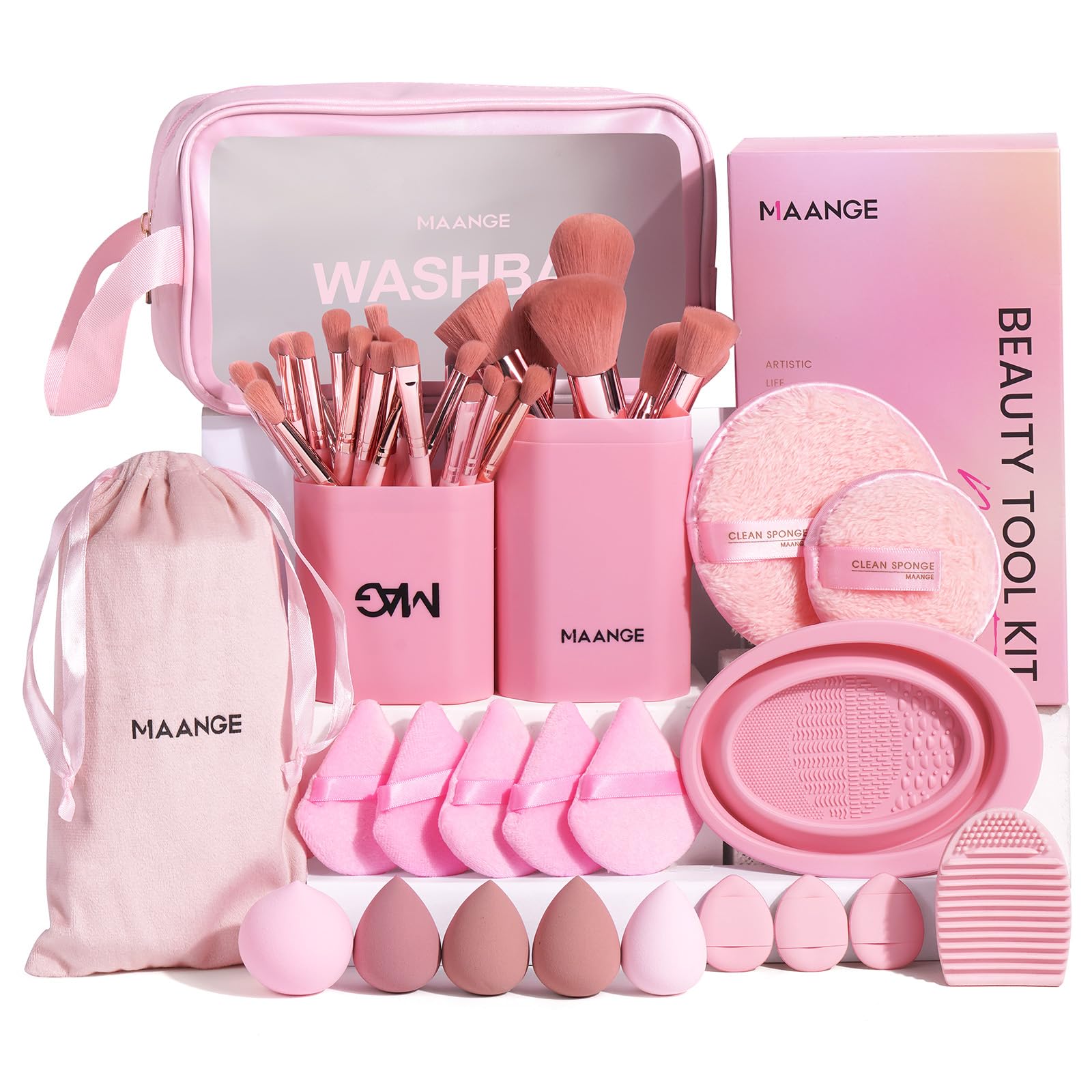 MAANGE Lot de 51 pinceaux de maquillage professionnels pour fond de teint, poudre, anti-cernes, fard à paupières, blush, pinceau de voyage (rose)