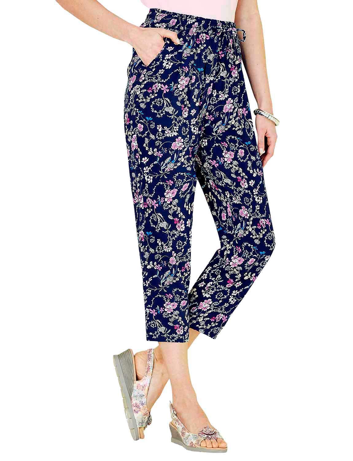 Chums Ladies Viscose Crop Print Trousers, Lightweight 21" Cropped Summer Trousers with Elasticated Drawcord Waist & Pockets, Stylish Printed Navy Floral Print 16