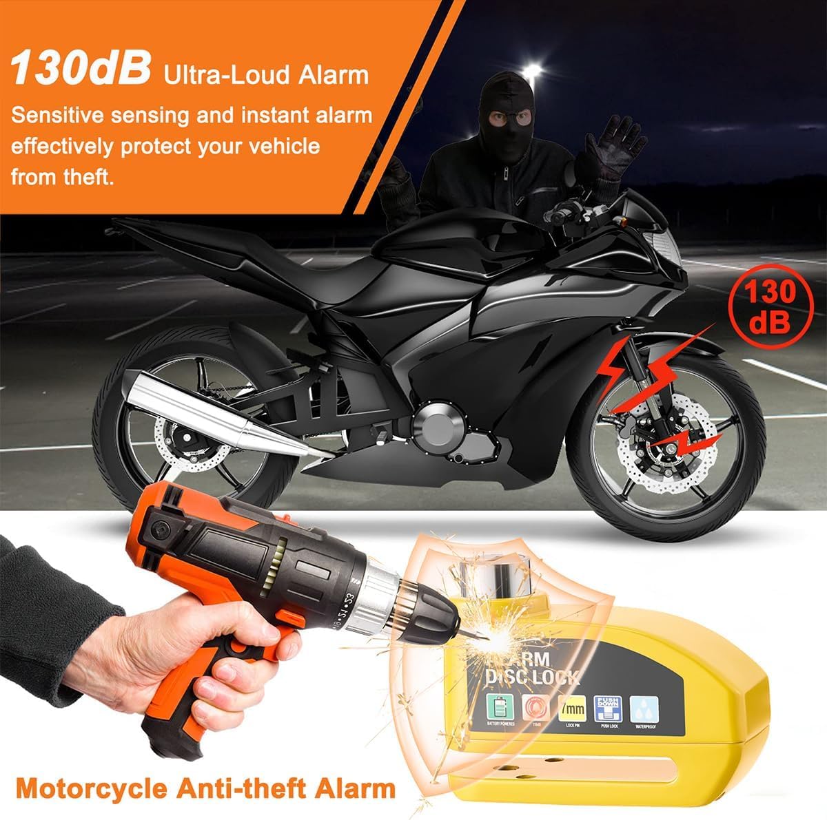 Bloccadisco Moto Lucchetto Moto Antifurto per Piaggio Vespa GTS GTV 250 300, Lucchetto Antifurto Impermeabile con Allarme Sonoro 130db, Blocca Disco Moto e Scooter,Black