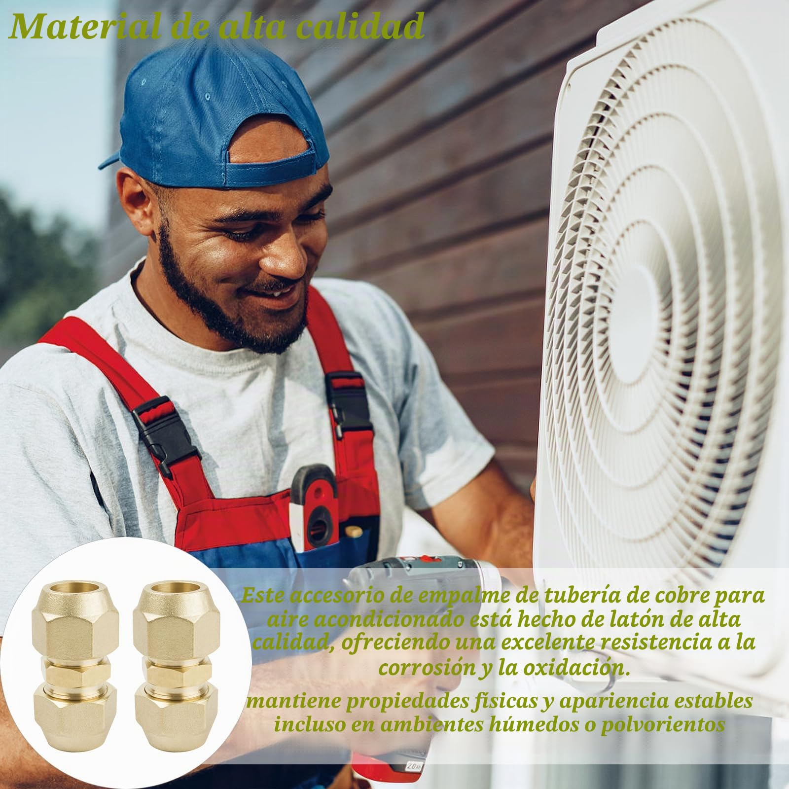 2 Piezas Boquilla Doble para Tubos de Cobre, Extensión de Tubo de Cobre para Aire Acondicionado de 1/2 Pulgadas, Con Nuez, Tuercas de Unión de Línea de Refrigerante(Oro)