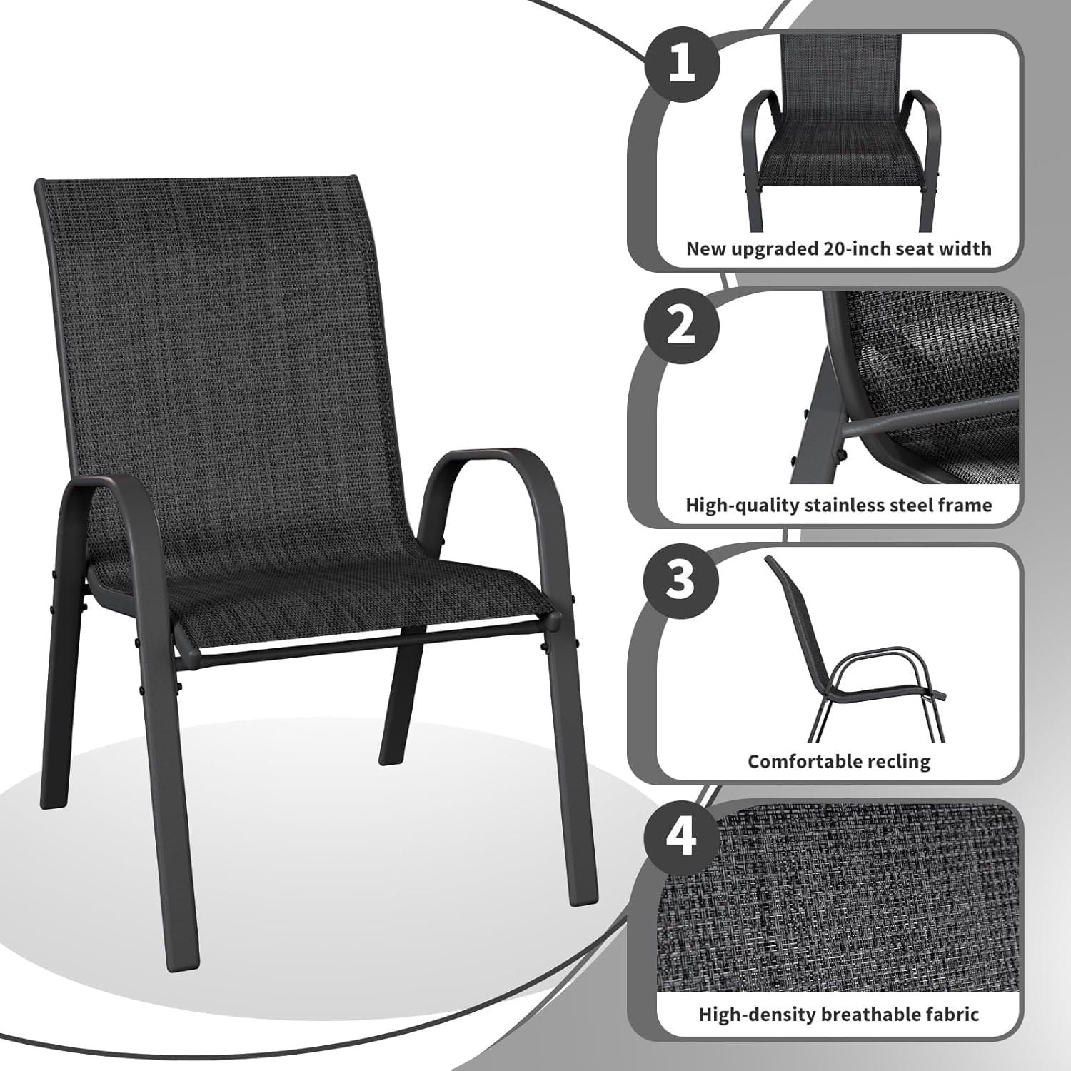 UDPATIO Set di 6 Sedie da Giardino Impilabili, 62 x 67 x 96 cm Sedie Esterno con Schienale Alto e Braccioli, Tessuto Textilene e Struttura Metallo per Esterno e Terrazze, Nero