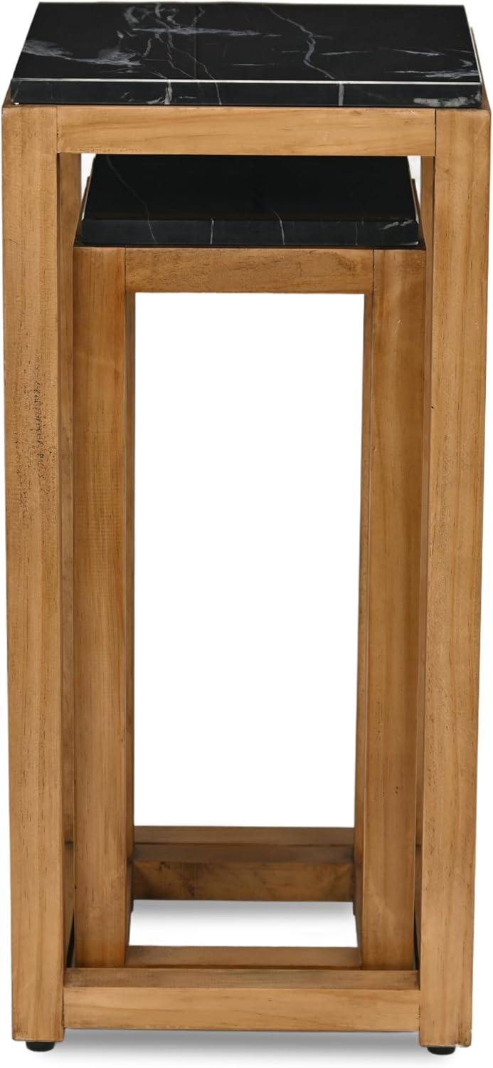 Cheung's Virael Set of 2 Square Black Marble-Topped Brown Wood Nesting Tables, Modern 12.25" Accent Tables for Living Room