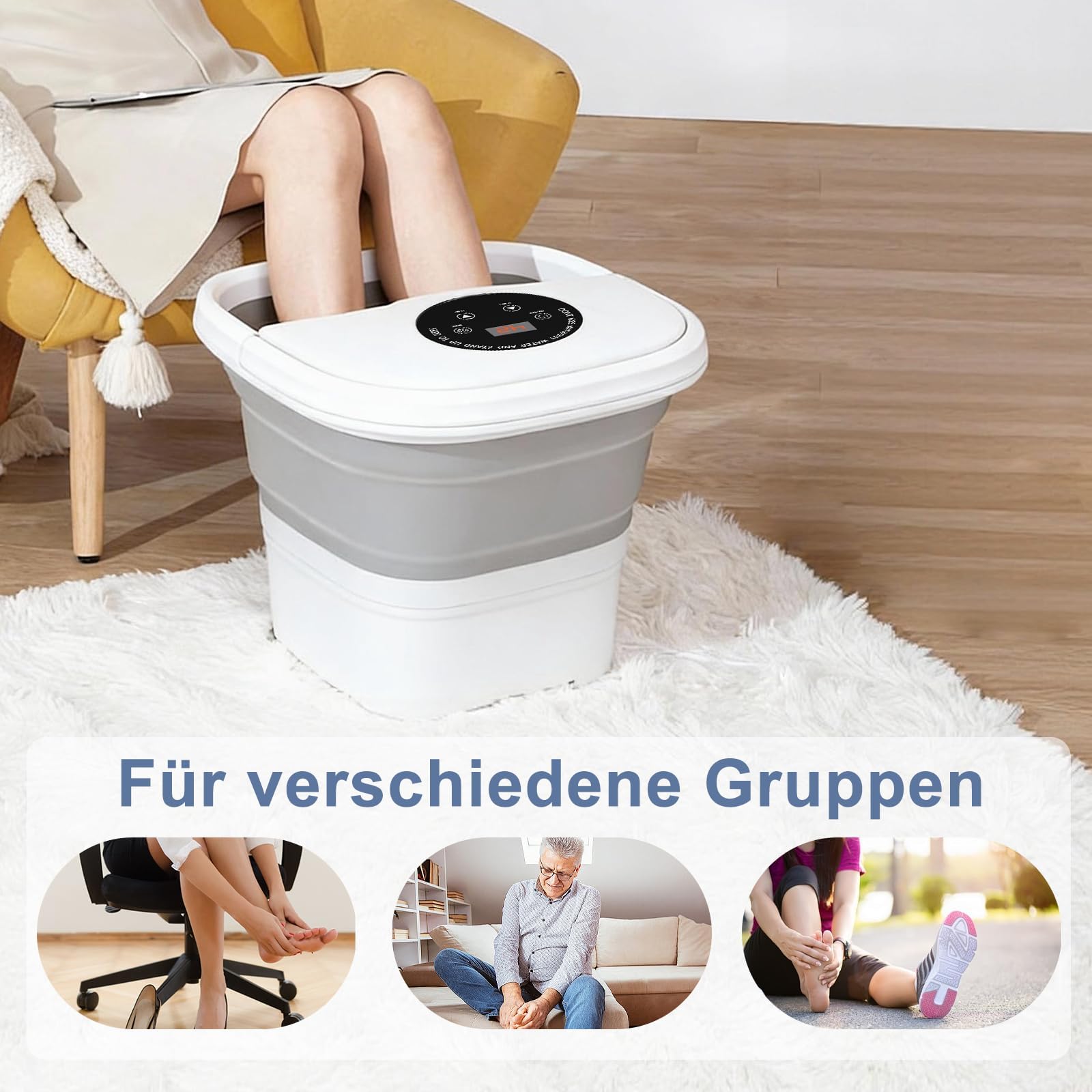 Fussbad mit Massagefunktion,Fußbad Massagegerät Elektrisch mit Timer klappbares,Fussbadewanne mit Massage mit Blasen 16 Rollen Temperatureinstellung Touchscreen-Steuerung und Fernbedienung
