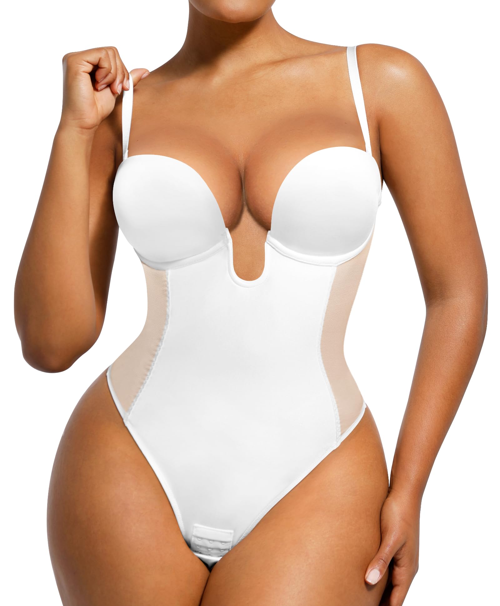 Buy Women's Backless Shapewear U Plunge Bodysuits Backless Thong Strapless Underwear Waist Trainer Bodysuit Tummy Control Body Shaper Bra,Deep V-Neck Clear Strap For Dresses, Weddings (Large, Black) At