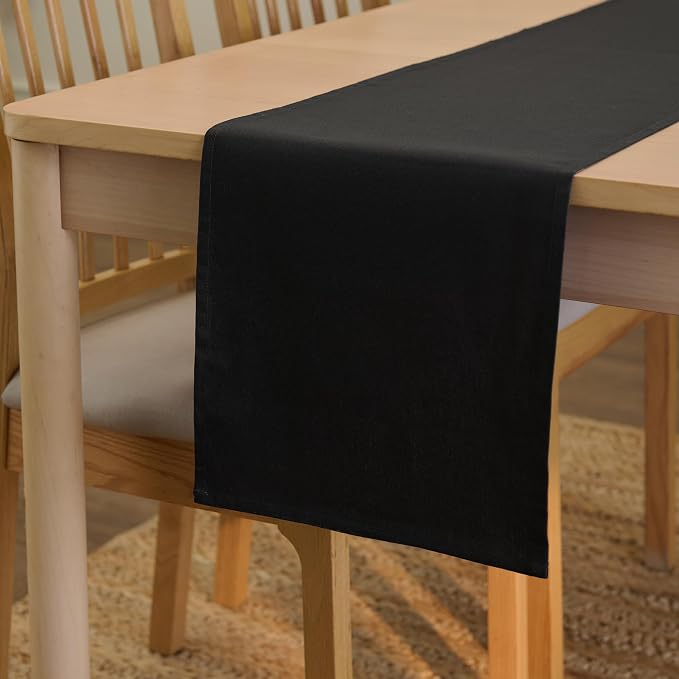 Encasa XO Table Runner 13x59 in Long | Cotton Canvas Fabric | Jet Black Solid Color | Machine Washable & Durable
