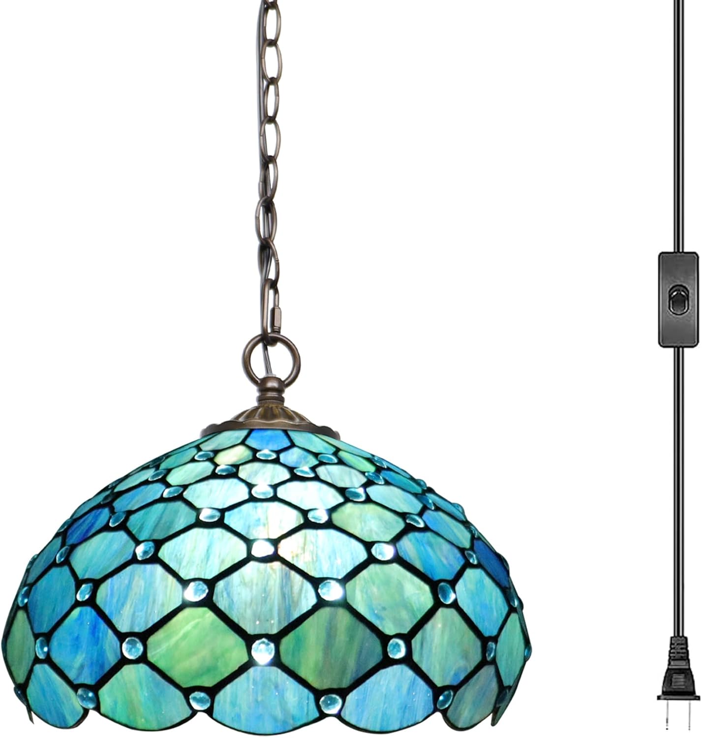 Tiffany Pendant Light Plug in, 12 inches Stained Glass Hanging Lamp, 39 Inch Chain, 15 Feet Cord Living Room Bedroom Kitchen Dining Room Office (Sea Blue Pearl Style)