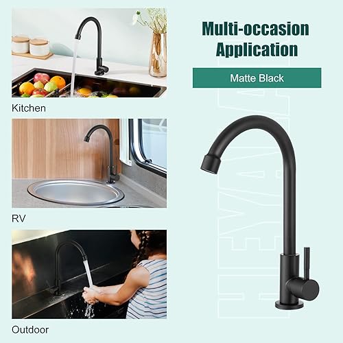 Miniatura 9 de Heyalan Grifo de cocina negro mate solo grifo de cocina SUS304 Grifos de fregadero de arco alto cuello de cisne de rotación de 360 grados grifo de