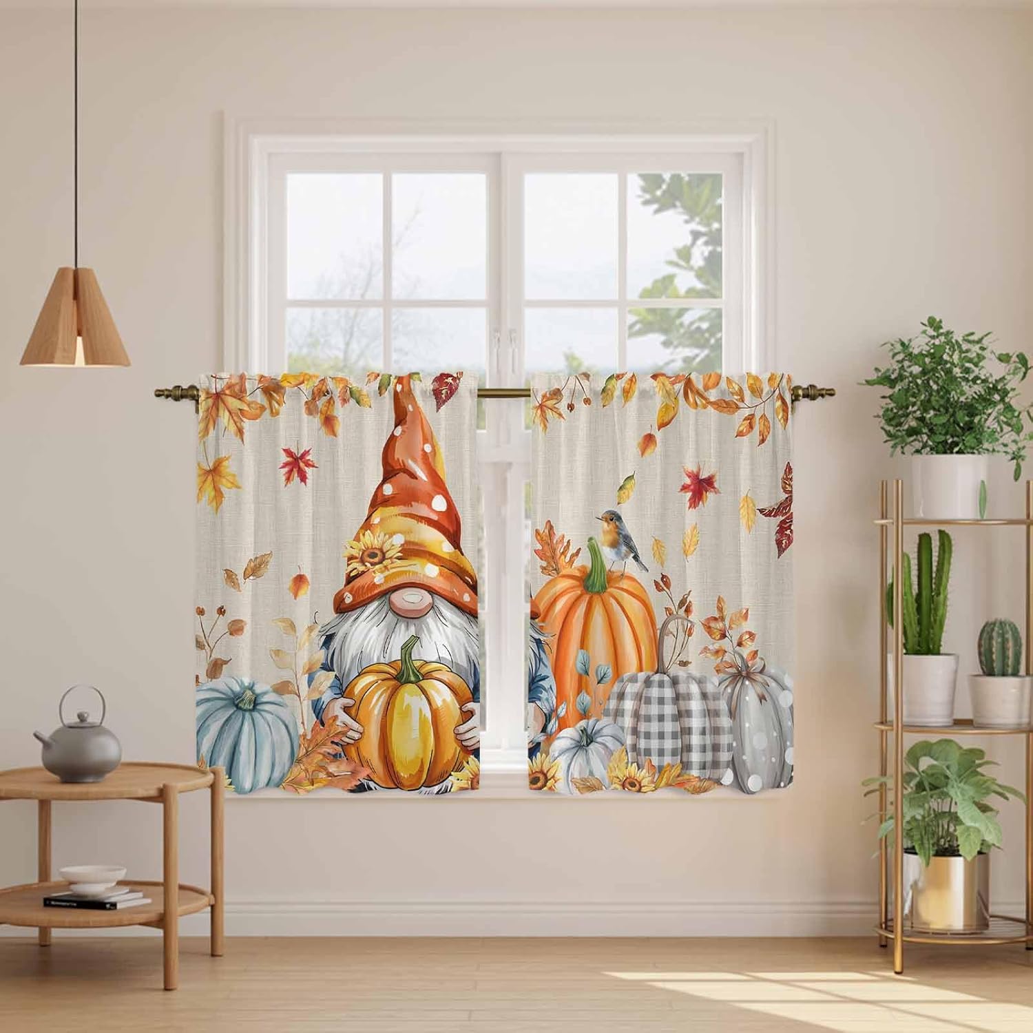 Orange Gnomes Fall Kitchen Curtains 45 Inch Long 2 Panel Set, Rod Pocket Window Treatment, Thanksgiving Maple Leaf Pumpkins Light Filtering Panels Short Drapes for Bathroom Camper 42"W x 45"L