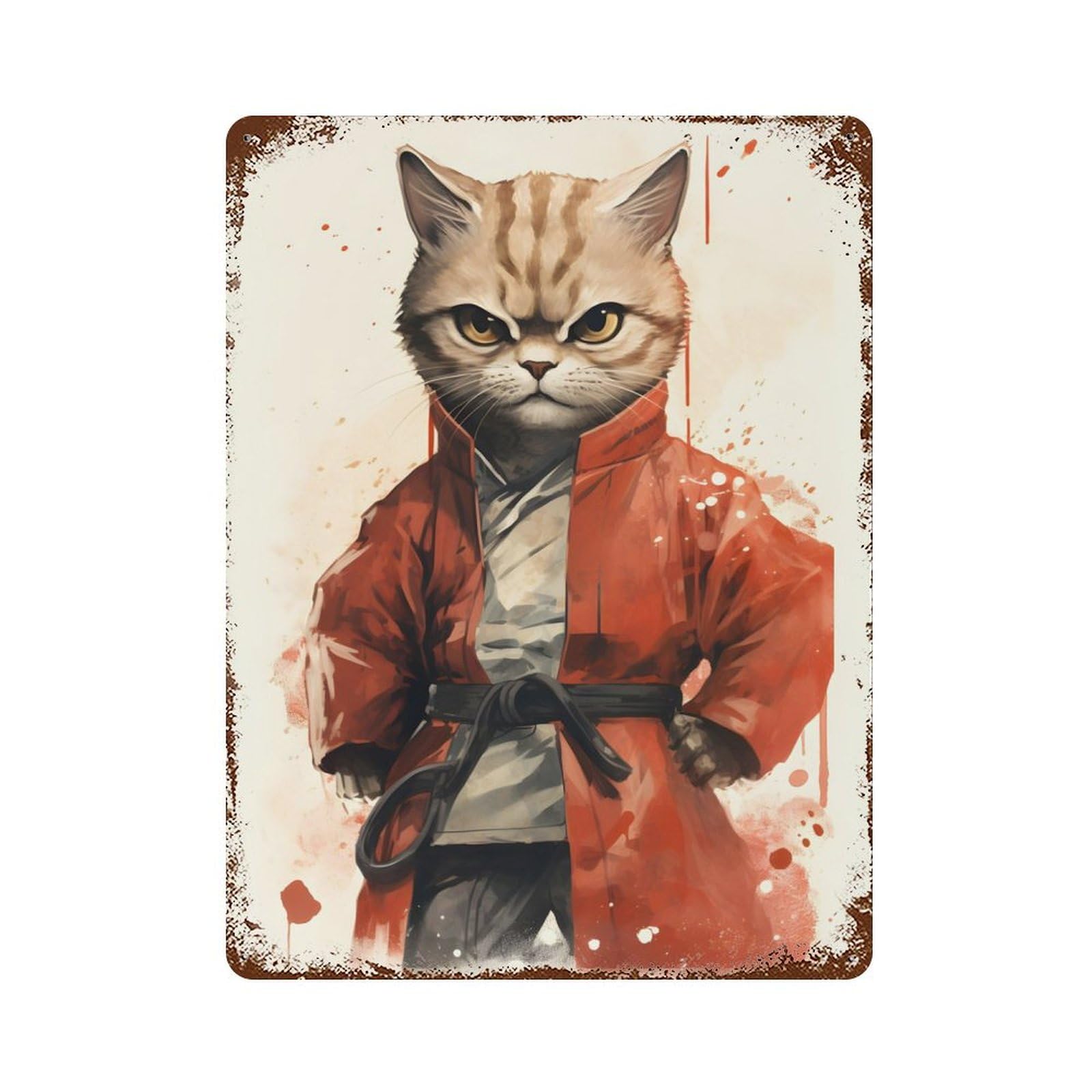 Karate Cat in Uniform Rust Effect Tin Sign 15.7"x11.8", Ideal for Farmhouse, Kitchen And Entryway Decor