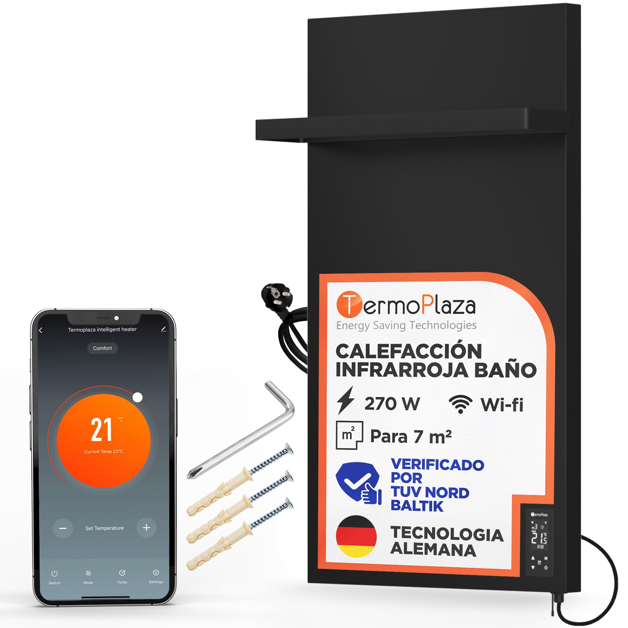 Termoplaza Toallero Eléctrico WiFi Baño Infrarrojo 270 Vatios hasta 7m2 - Radiador Eléctrico Bajo Consumo - Infrarrojo Calefacción - Radiador Toallero Negro - Calefactor Bajo Consumo