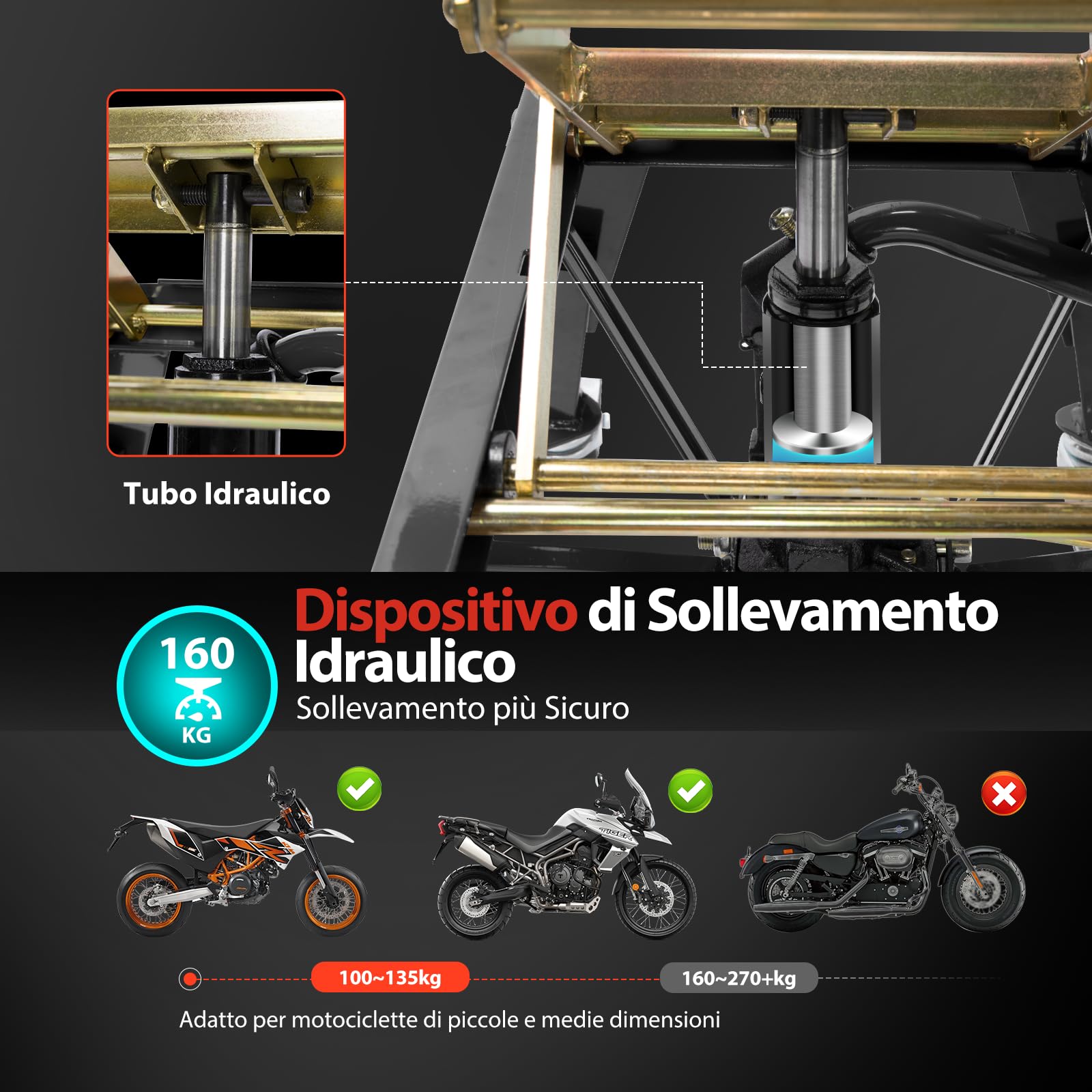 VIVOHOME Sollevatore Idraulico per Moto Fino a 160KG con Azionamento a Pedale Sollevatore a Pantografo per ATV Dirt Bike con 4 Rotelle