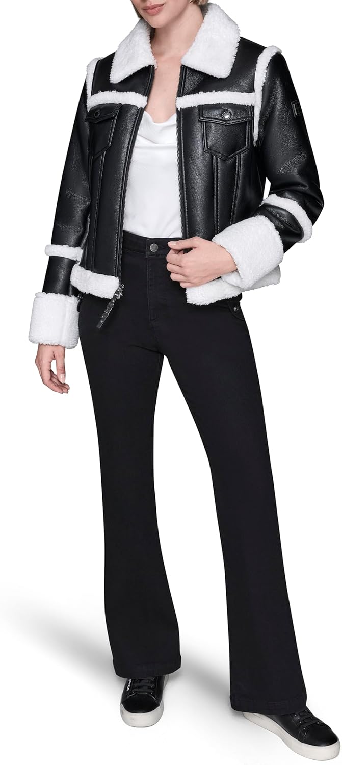 KARL LAGERFELD Women's Long Sleeve Faux Leather Open Collar Jacket