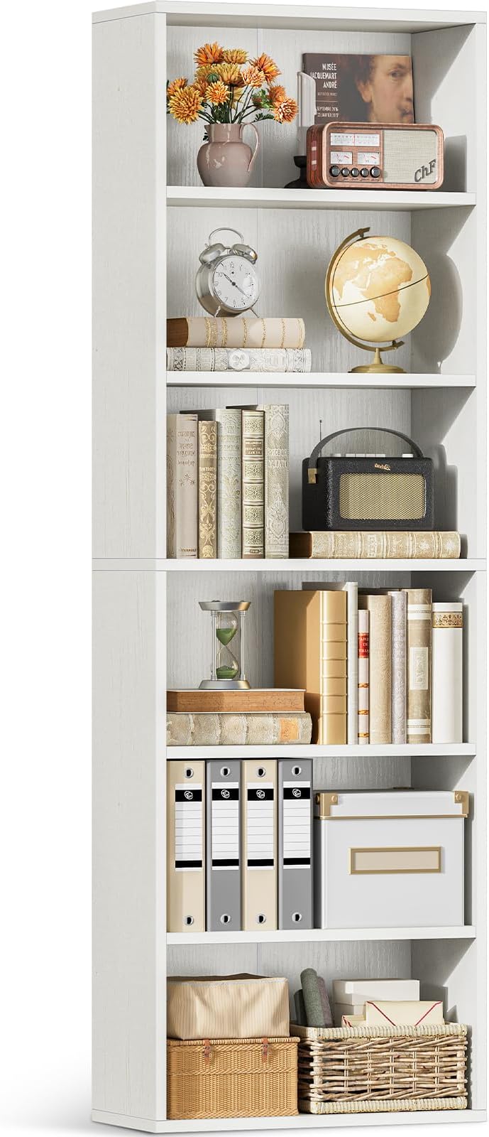 6-Tier Open Bookshelf and Bookcase, Floor Standing Display Storage Shelves for Living Room, Tall Book Shelf for Bedroom, Home Office, Dining Room, White