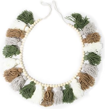 Tassel Garland - Boho Tassel Garland with Wood Beads - Wall Decor for Dorm, Girls Room and Nursery Room - Olive Green 50 inch