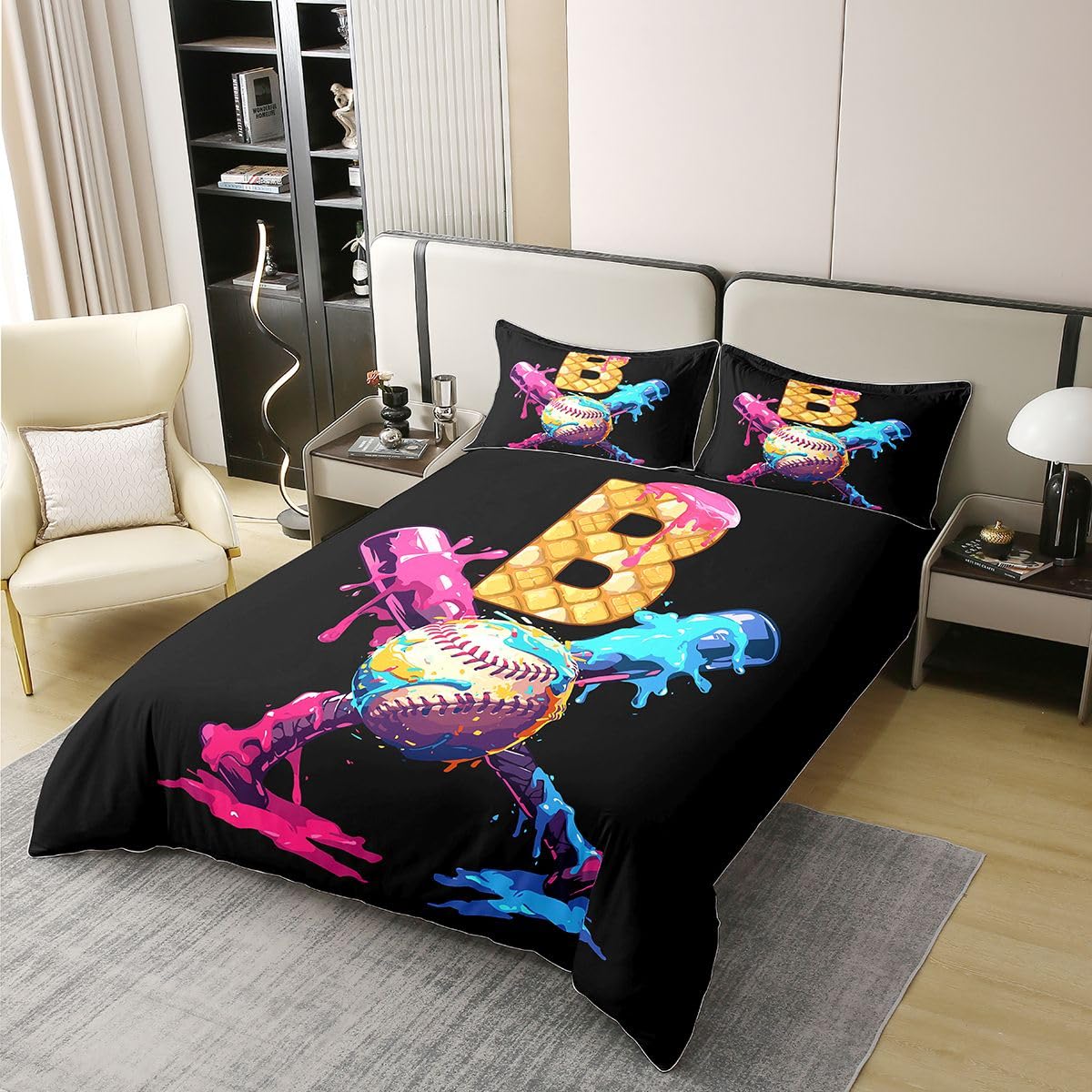 Homewish Gry baseballowe pościel podwójne łóżko zestaw lody litera B bawełna poszewka na kołdrę piłka gamingowa poszewka na kołdrę, sport baseball monogram zestawy łóżek