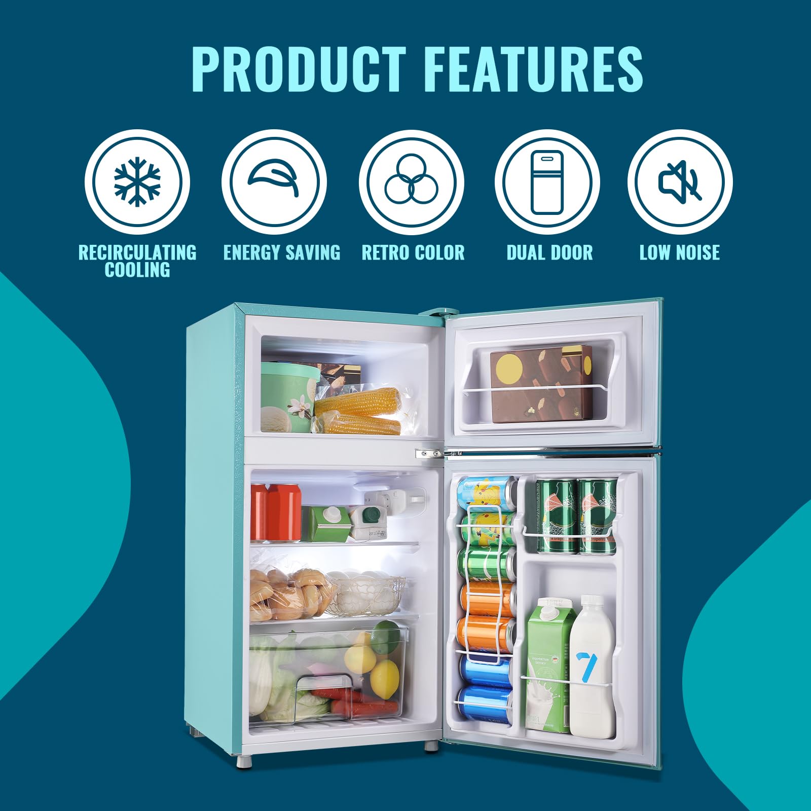 WANAI Small Refrigerator 3.5 Cu.Ft Retro Mini Fridge Freezer Two Doors Handles For Home Dorm College Office Freestanding Blue Refrigerator With LED Light And Galss Shelves on Fridge.com - View 3