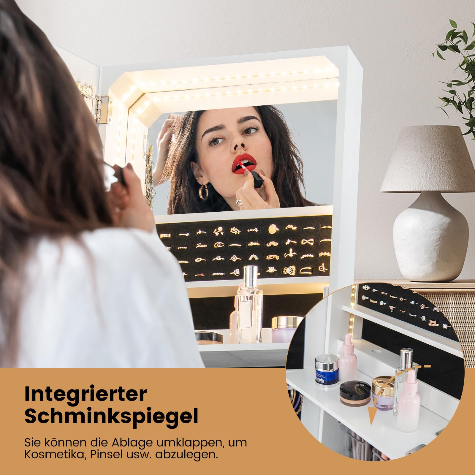 COSTWAY Sieradenkast met spiegel, spiegelkast met 3-kleurige ledverlichting, afsluitbaar, vrijstaand, kantelbaar, sieradenrek met laden, 41 x 38,5 x 151 cm (rustiek bruin