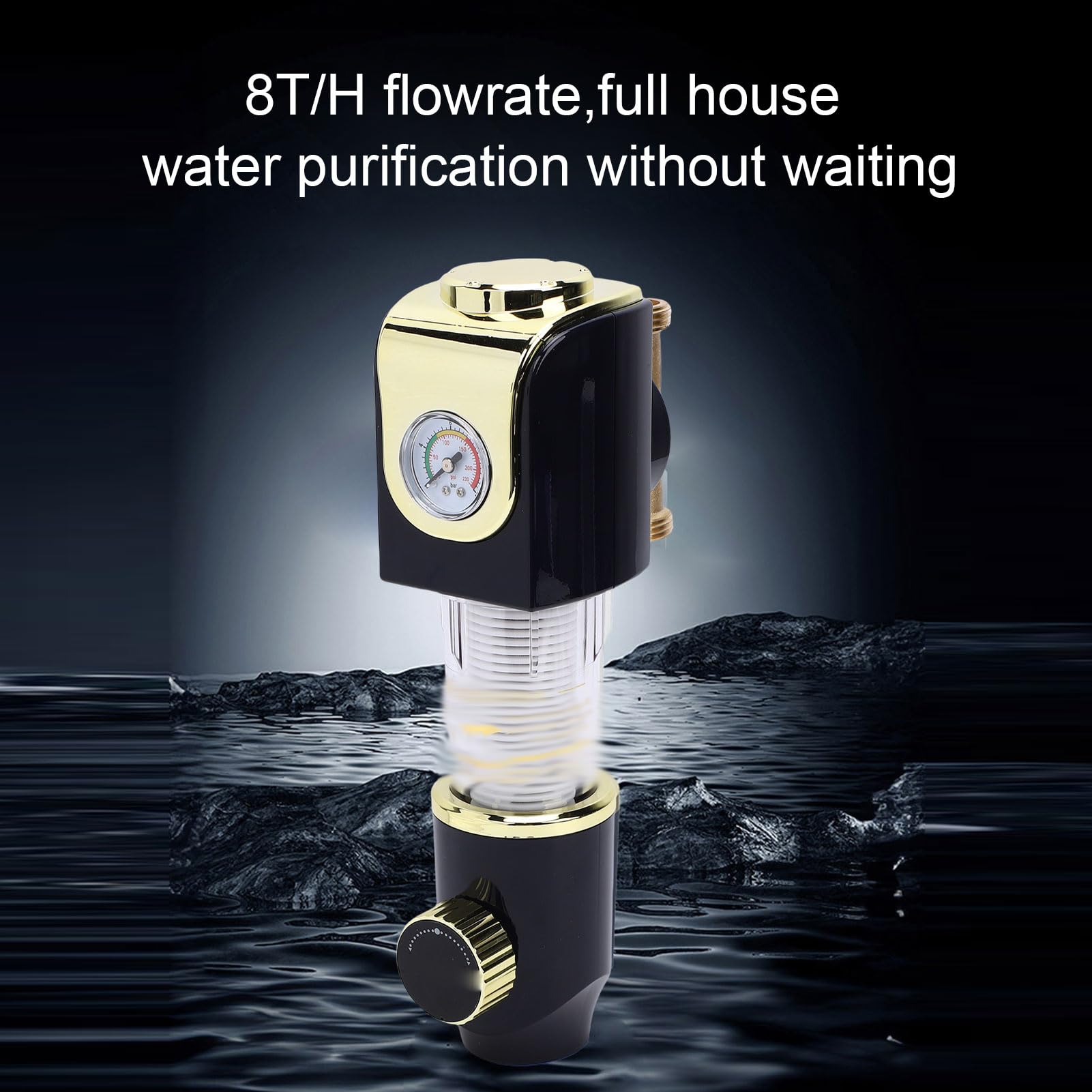 Filtro de Sedimentos de Prefiltración de Agua Filtro Giratorio para Toda la Casa Pantalla de Acero Inoxidable 316L de 40 Micras Flujo 8T H con Manómetro para Agua